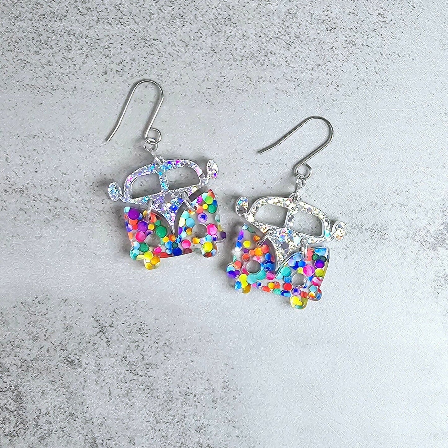 Polka Dot Retro Van Earrings, Vintage Van Earrings, Groovy Earrings, Hippie Earrings, Rainbow Earrings, Gift for Her, Holo Earrings