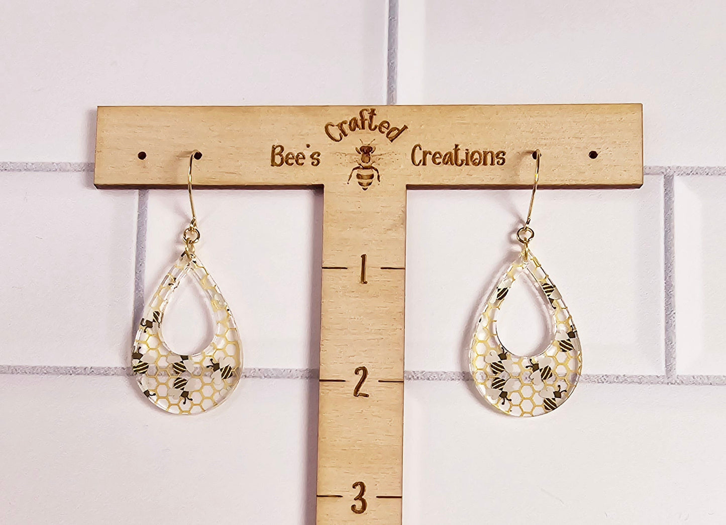 Tear Drop Bee Pattern Dangle Earrings, Gold-Tone Statement Jewelry, Artisan Crafted Honeycomb Drop Earrings, Unique Beekeeper Gift