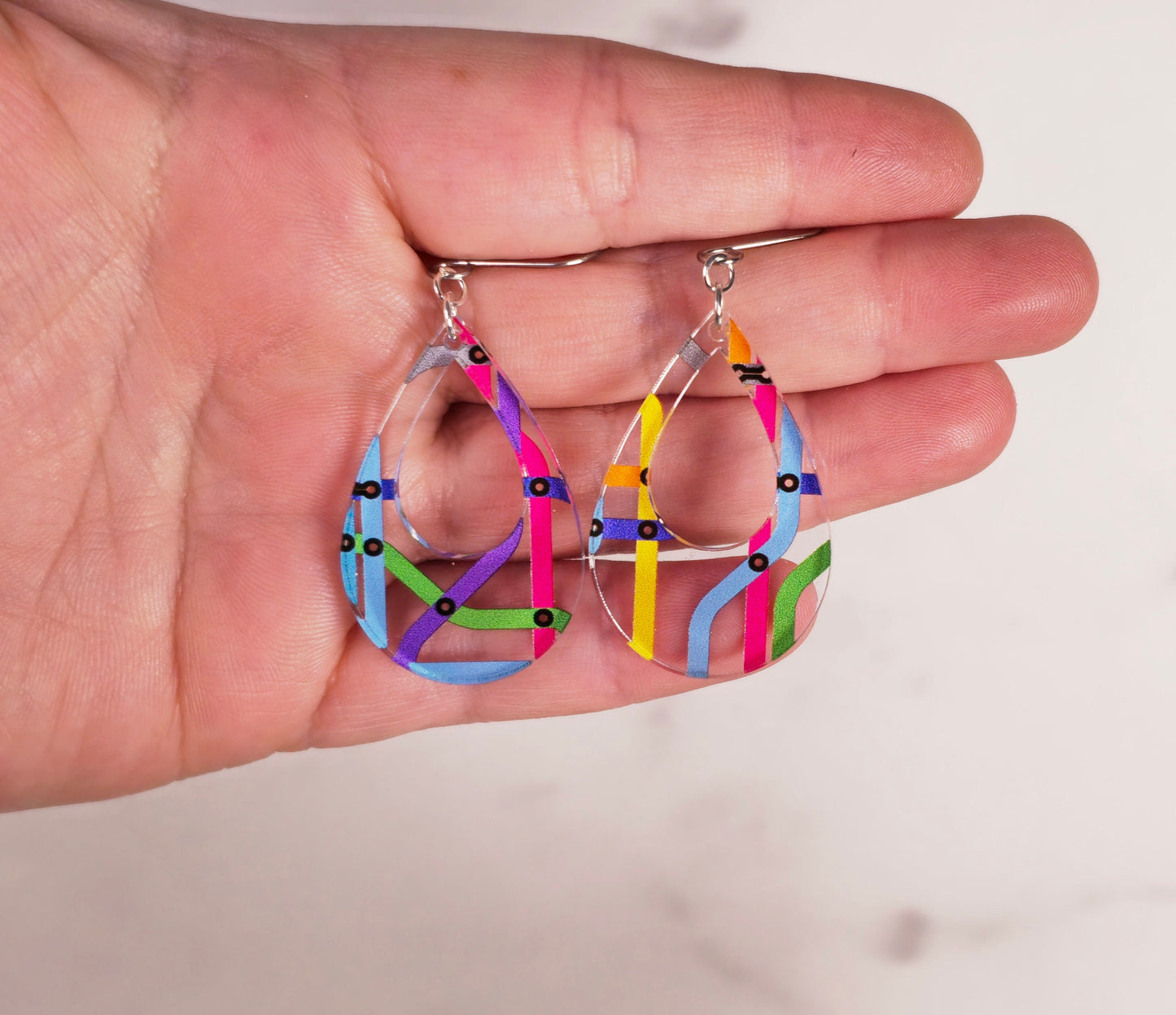 Colorful Subway Map Tear Drop Dangle Earrings, Rainbow Earrings, Gift for Her, Gift For Mom, Handmade Earrings, Unique Earrings