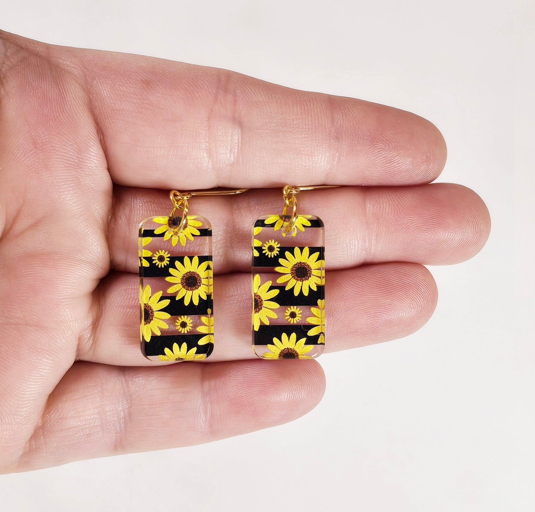 Rectangular Sunflower Dangle Earrings, Gift for Her, Summer Earrings, Gift for Mom, Boho Earrings, Spring Earrings, Floral Earrings