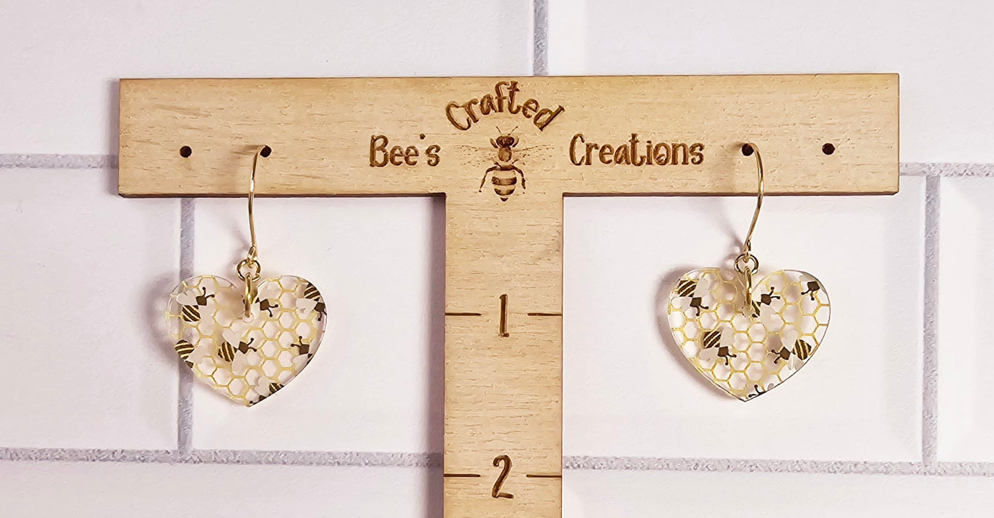 Heart Bee Pattern Dangle Earrings, Gold-Tone Statement Jewelry, Artisan Crafted Honeycomb Drop Earrings, Unique Beekeeper Gift