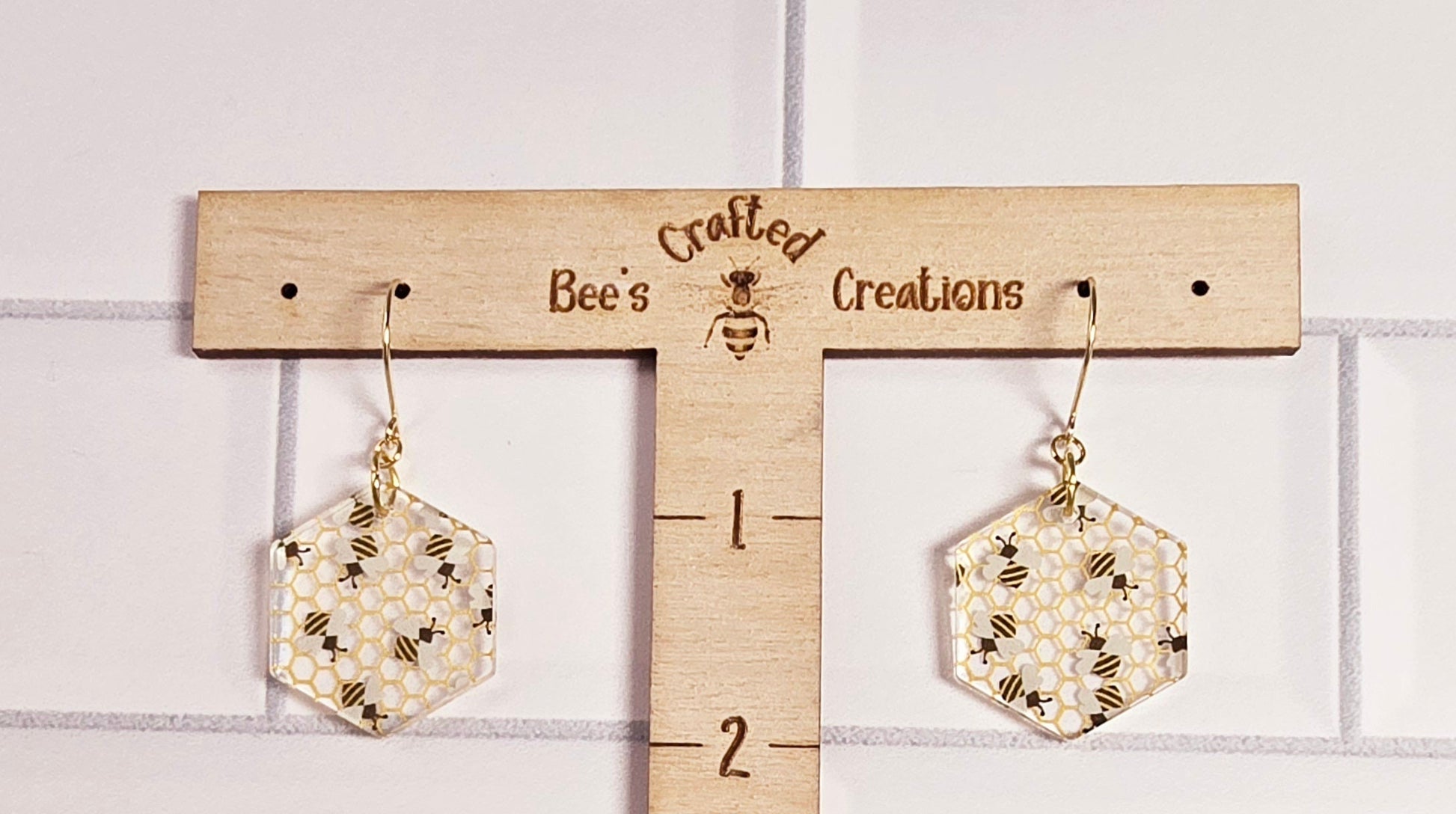 Hexagon Bee Pattern Dangle Earrings, Gold-Tone Statement Jewelry, Artisan Crafted Honeycomb Drop Earrings, Unique Beekeeper Gift