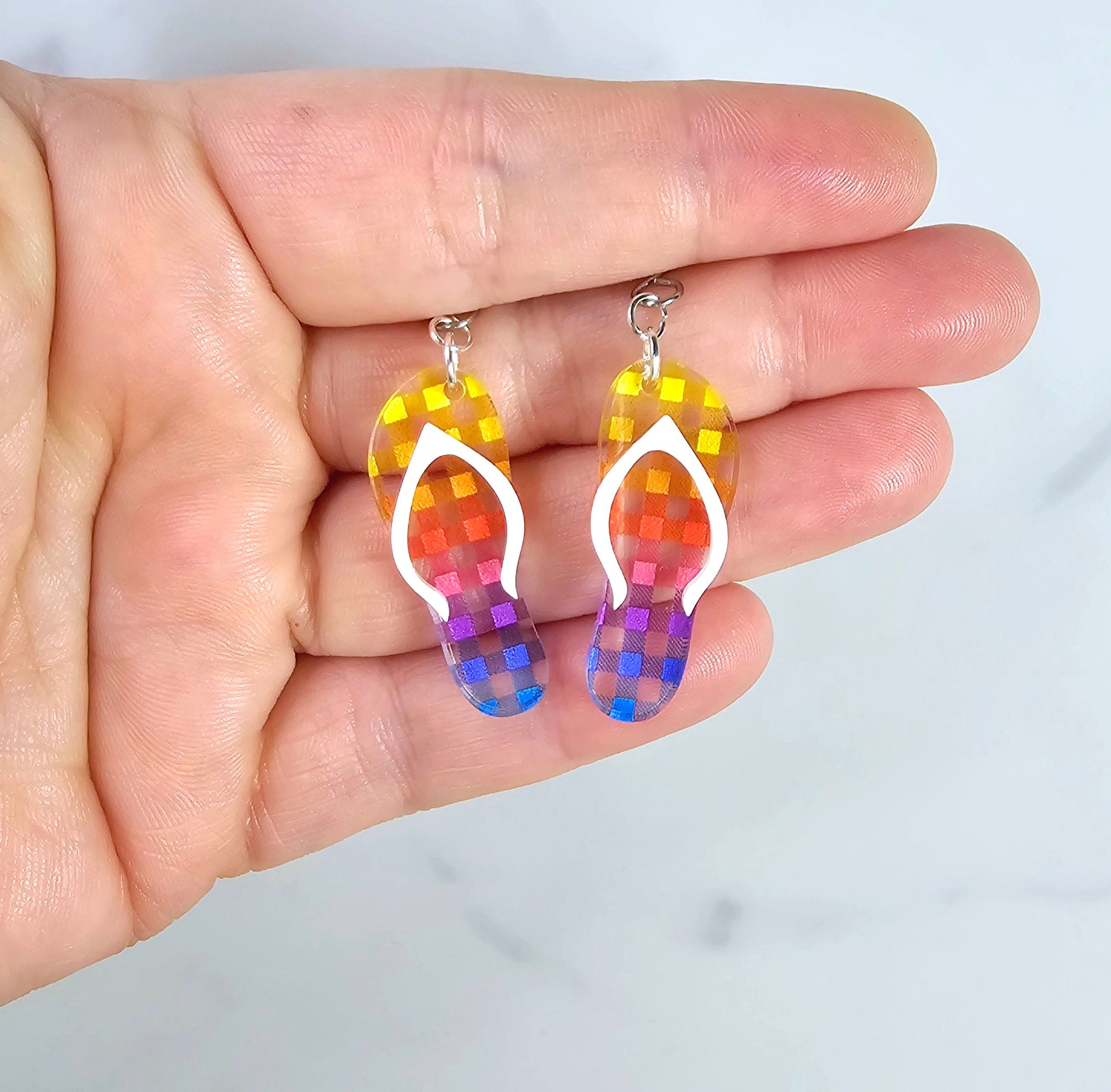 Rainbow Checkered Flip Flop Earrings, Summer Earrings, Vacation Earrings, Beach Earrings, Rainbow Earrings, Gift for Her, Pride Earrings