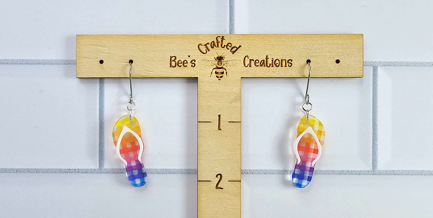 Rainbow Checkered Flip Flop Earrings, Summer Earrings, Vacation Earrings, Beach Earrings, Rainbow Earrings, Gift for Her, Pride Earrings