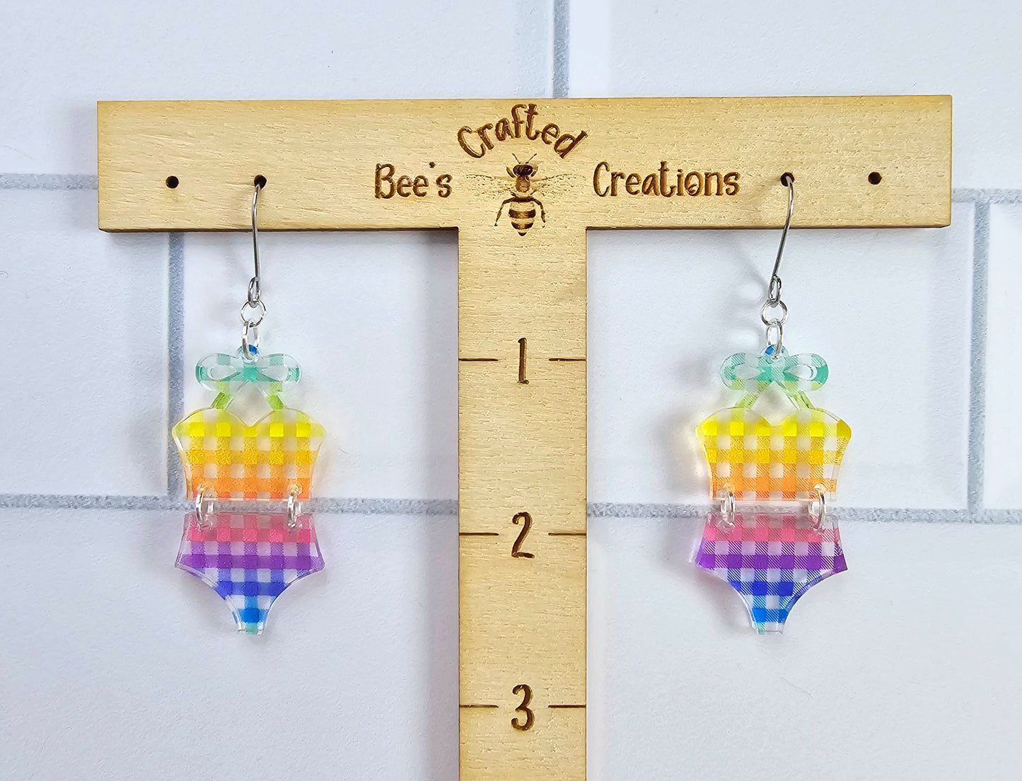 Rainbow Checkered Bathing Suit Earrings, Checkered Swimsuit Earrings, Beach Earrings, Vacation Earrings, Gift for Her, Pride Earrings