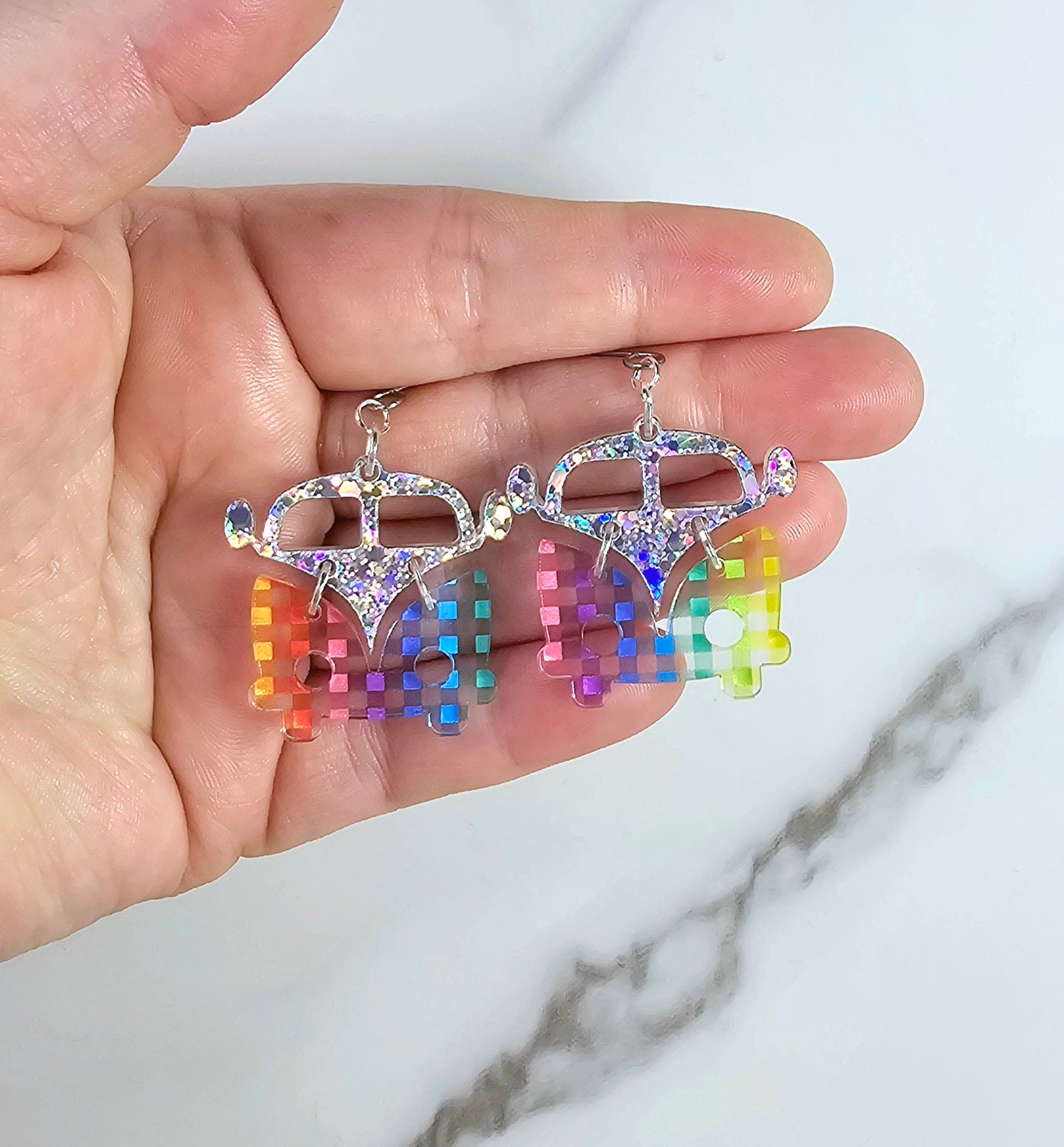 Checkered Retro Van Earrings, Vintage Van Earrings, Groovy Earrings, Hippie Earrings, Rainbow Earrings, Gift for Her, Holo Earrings