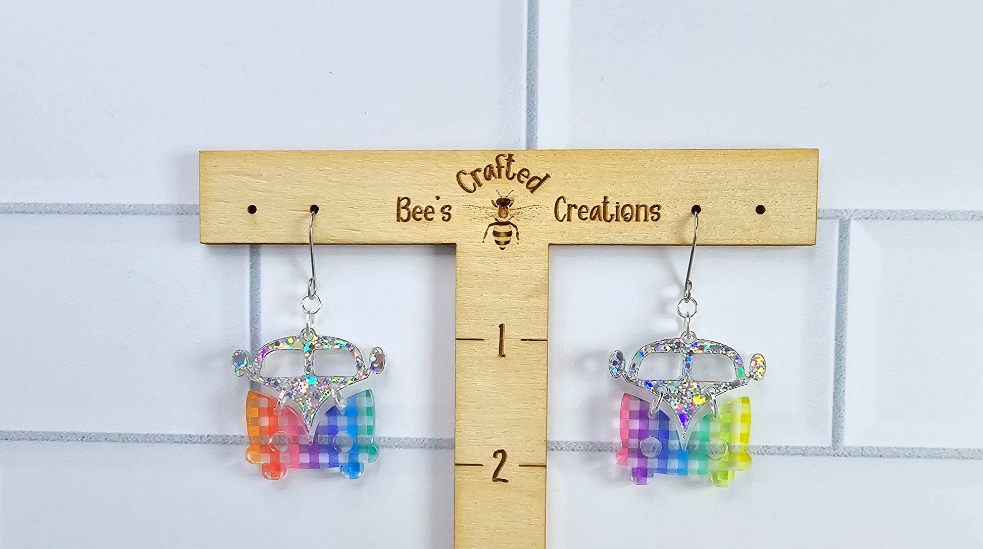 Checkered Retro Van Earrings, Vintage Van Earrings, Groovy Earrings, Hippie Earrings, Rainbow Earrings, Gift for Her, Holo Earrings