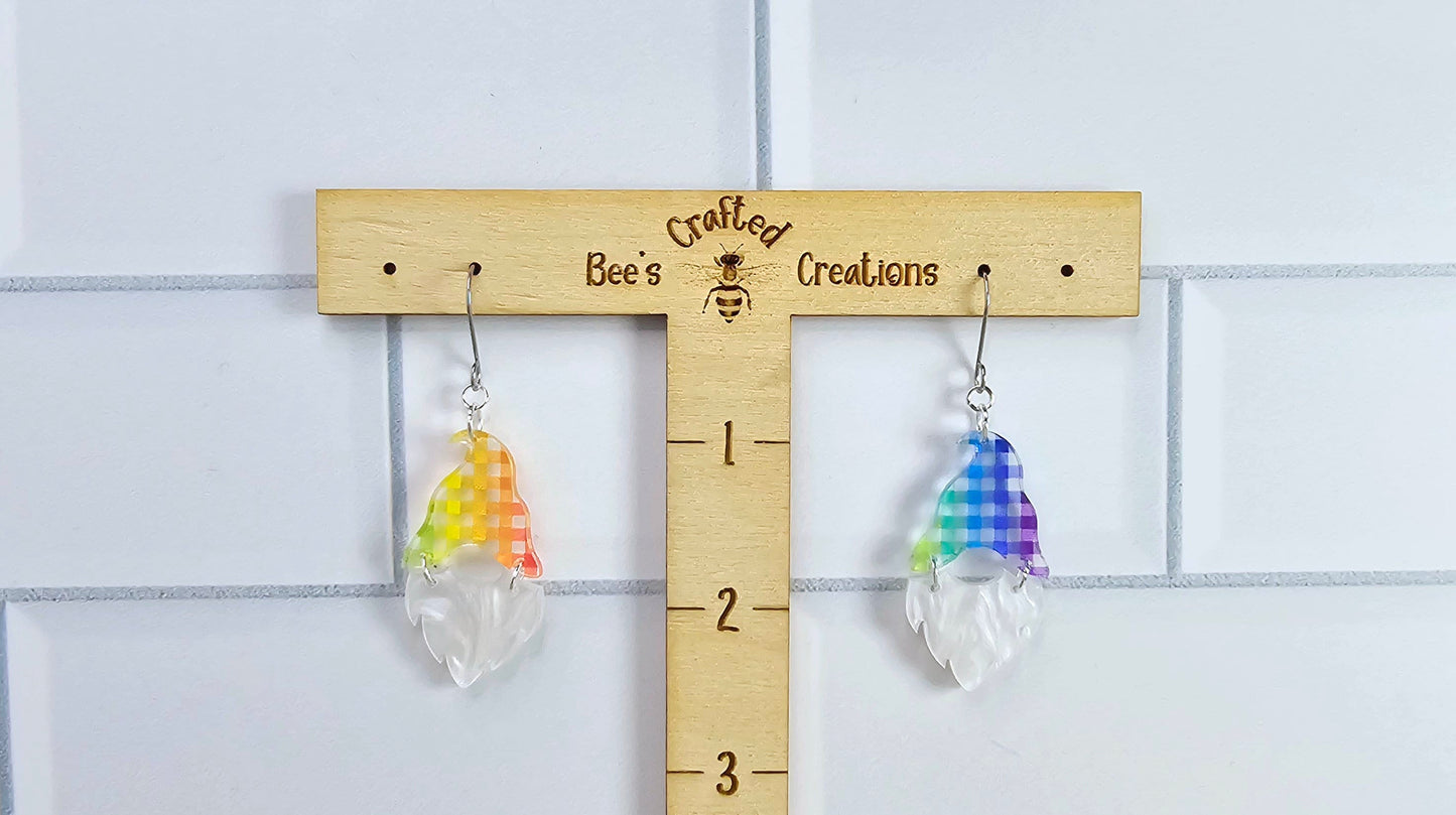 Checkered Gnome Earrings, Summer Earrings, Vacation Earrings, Rainbow Earrings, Gift for Her, Pride Earrings, Ally Earrings, Gift for Them