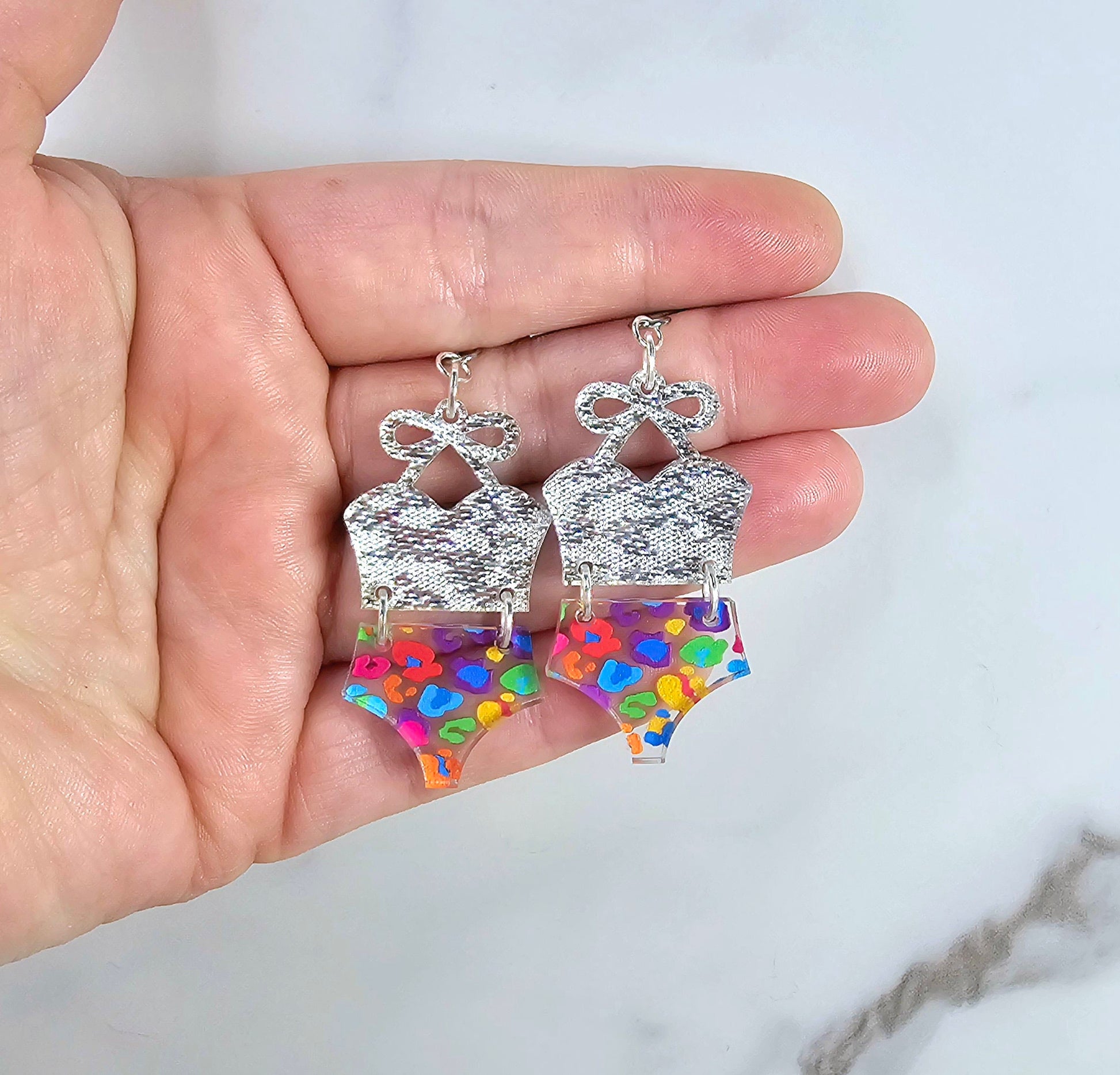 Leopard Bathing Suit Earrings, Bikini Earrings, Rainbow Earrings, Summer Earrings, Beach Earrings, Vacation Earrings, Gift for Her