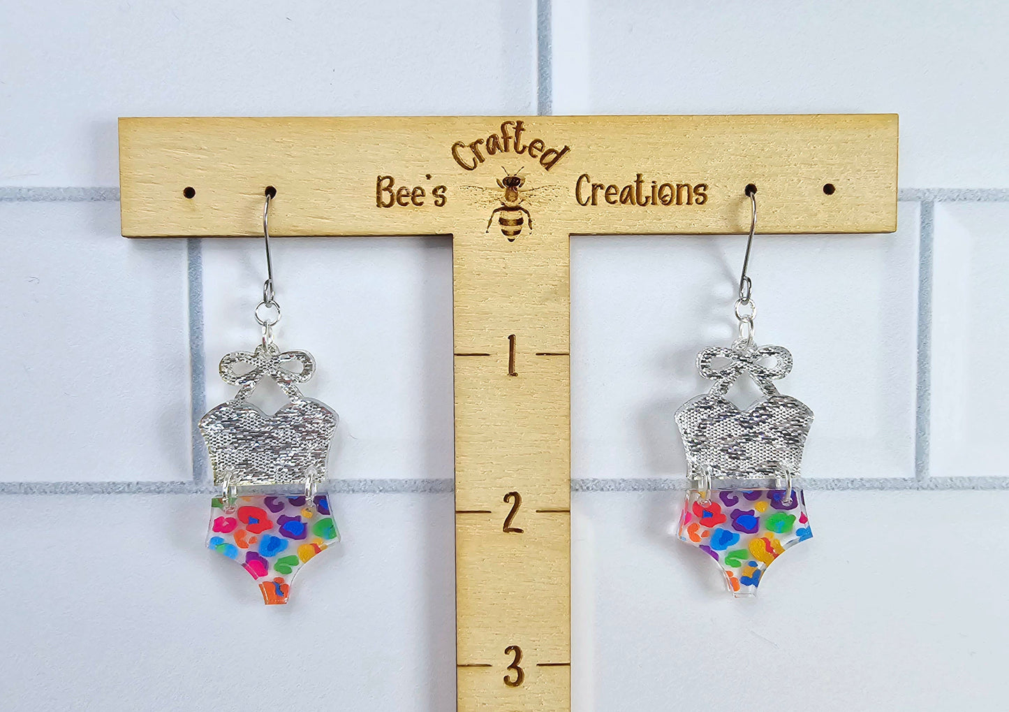 Leopard Bathing Suit Earrings, Bikini Earrings, Rainbow Earrings, Summer Earrings, Beach Earrings, Vacation Earrings, Gift for Her