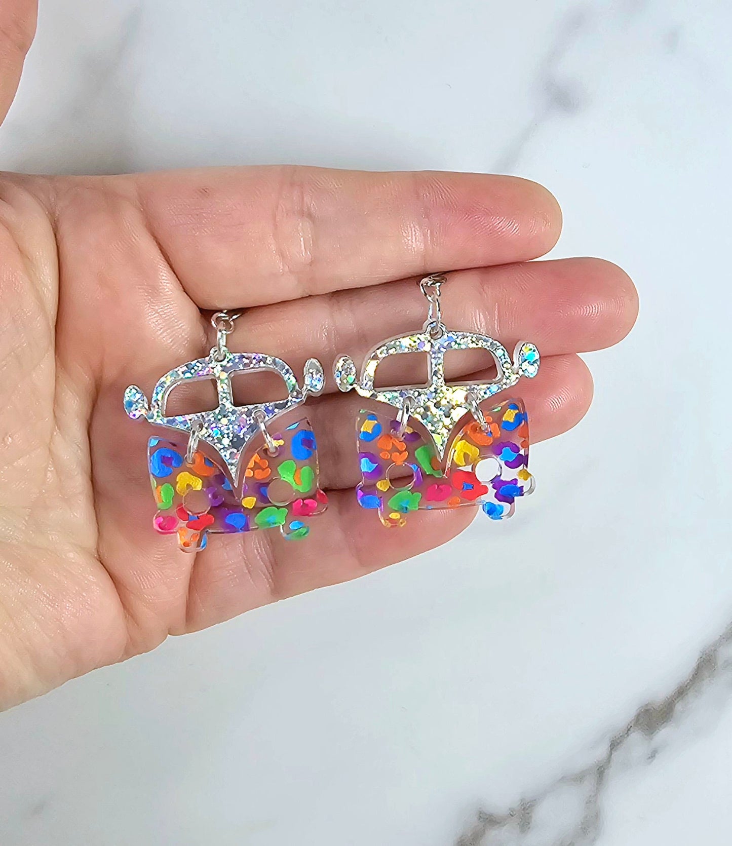 Leopard Retro Van Earrings, Vintage Van Earrings, Groovy Earrings, Hippie Earrings, Rainbow Earrings, Gift for Her, Holo Earrings