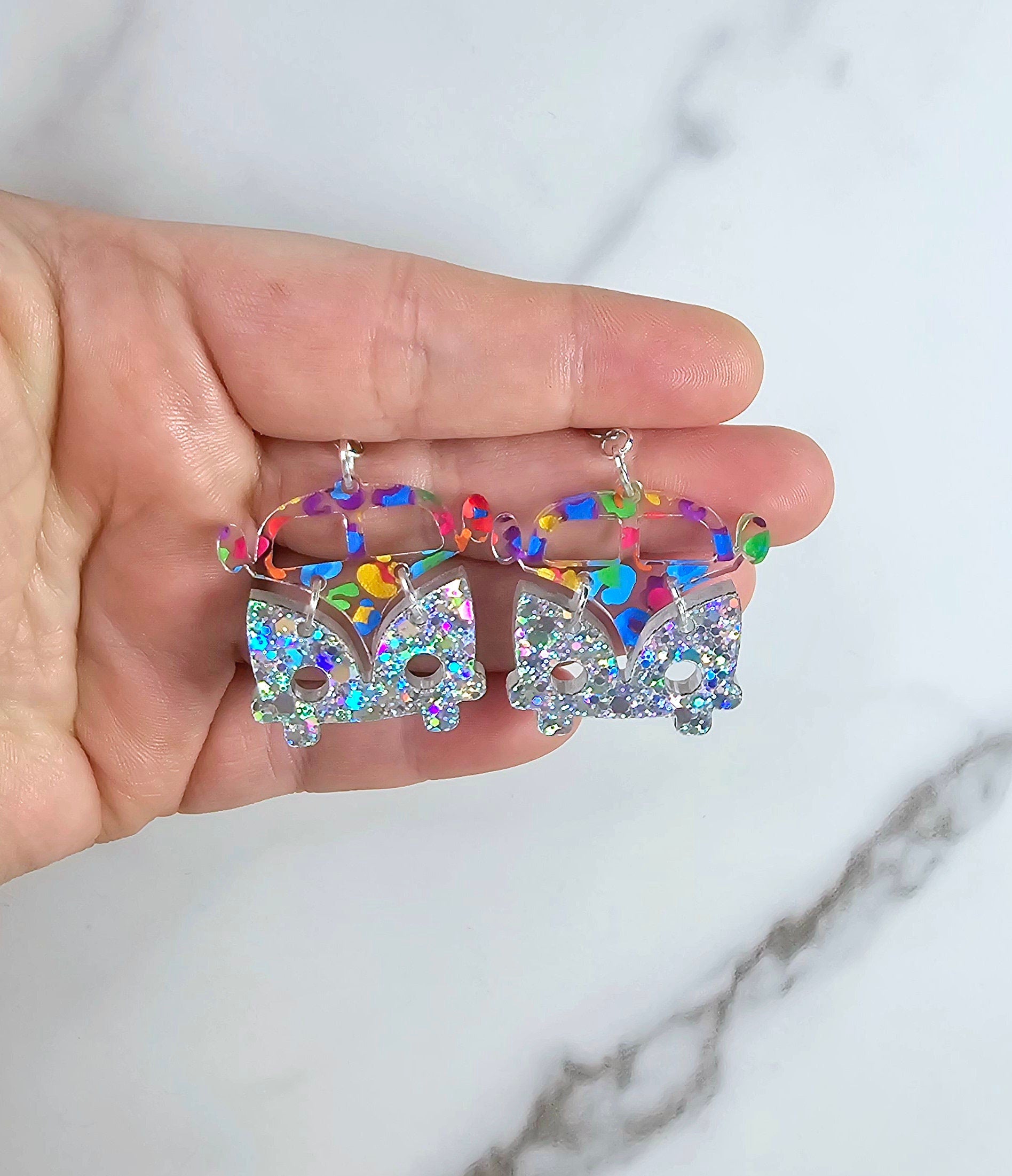 Leopard Retro Van Earrings, Vintage Van Earrings, Groovy Earrings, Hippie Earrings, Rainbow Earrings, Gift for Her, Holo Earrings