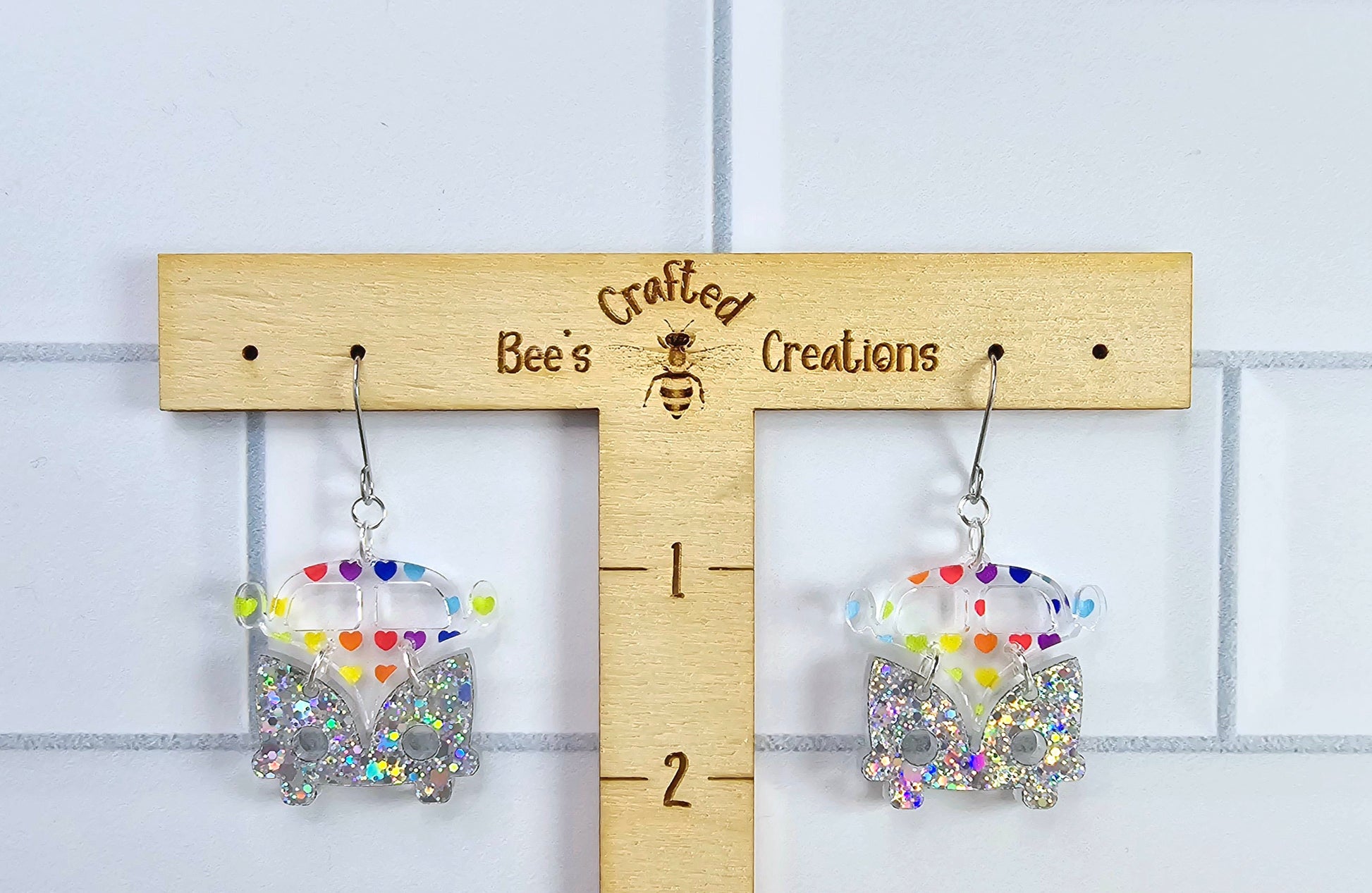 Rainbow Heart Retro Van Earrings, Vintage Van Earrings, Groovy Earrings, Hippie Earrings, Rainbow Earrings, Gift for Her, Holo Earrings