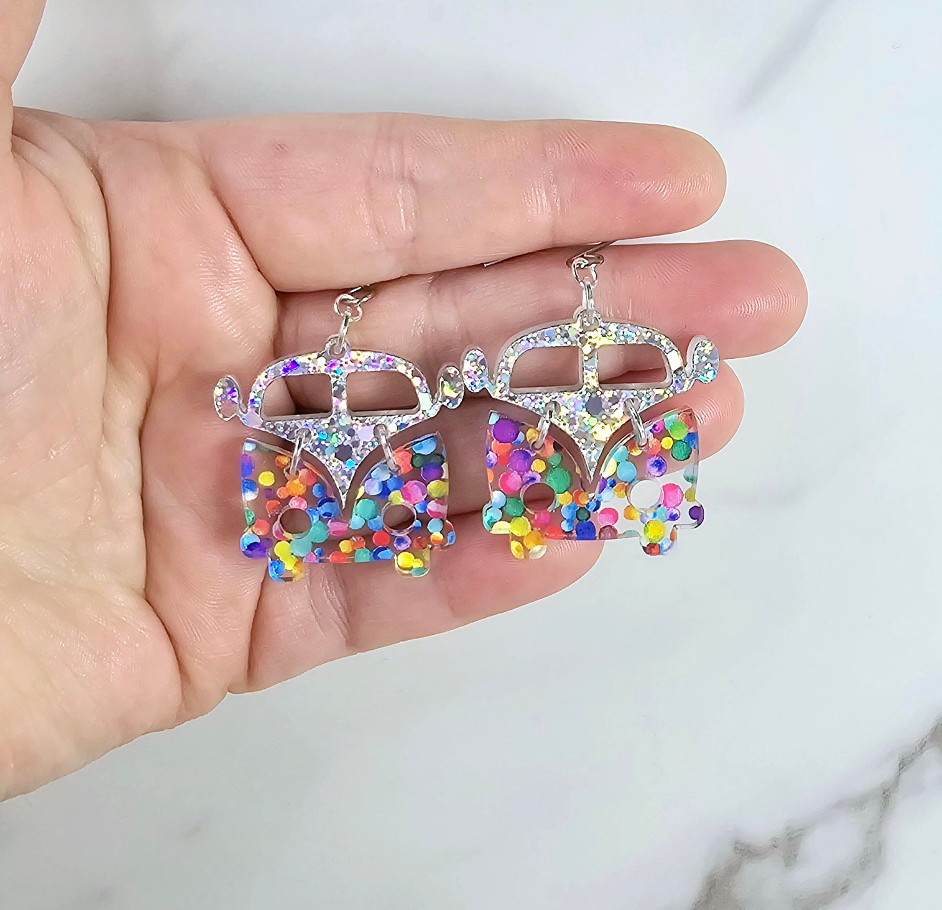 Polka Dot Retro Van Earrings, Vintage Van Earrings, Groovy Earrings, Hippie Earrings, Rainbow Earrings, Gift for Her, Holo Earrings