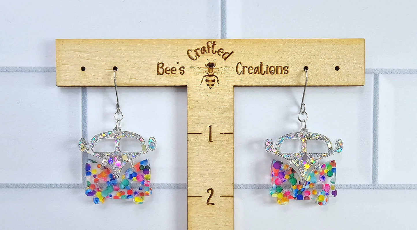 Polka Dot Retro Van Earrings, Vintage Van Earrings, Groovy Earrings, Hippie Earrings, Rainbow Earrings, Gift for Her, Holo Earrings