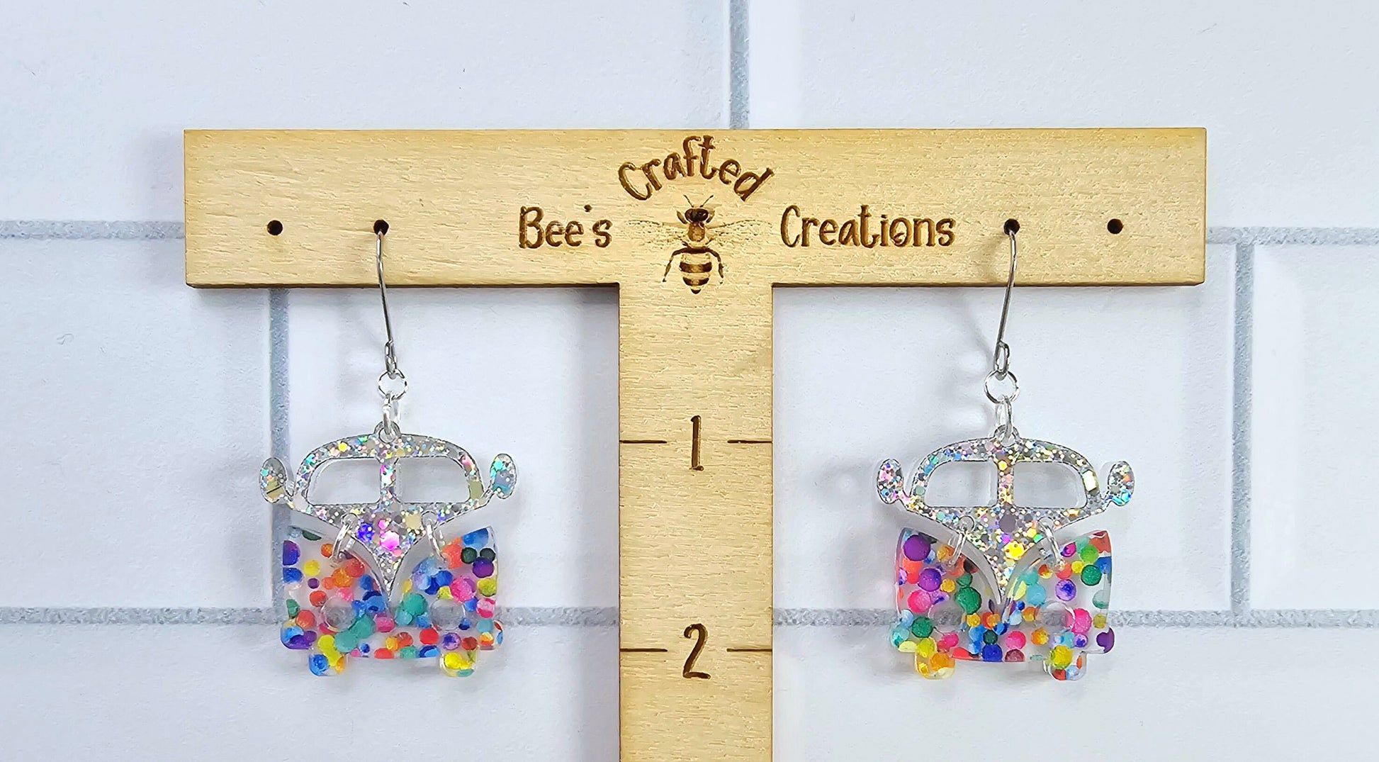 Polka Dot Retro Van Earrings, Vintage Van Earrings, Groovy Earrings, Hippie Earrings, Rainbow Earrings, Gift for Her, Holo Earrings