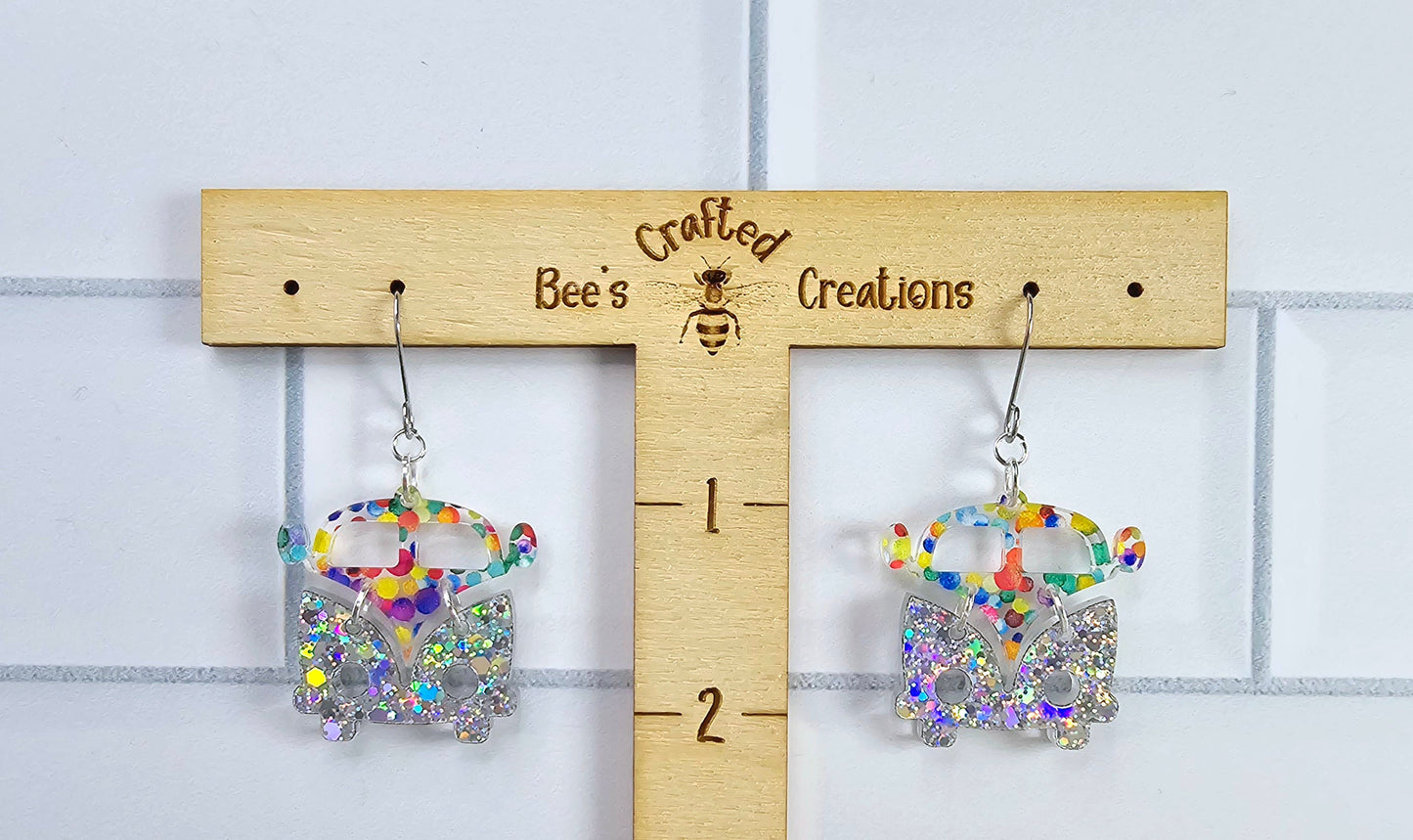 Polka Dot Retro Van Earrings, Vintage Van Earrings, Groovy Earrings, Hippie Earrings, Rainbow Earrings, Gift for Her, Holo Earrings