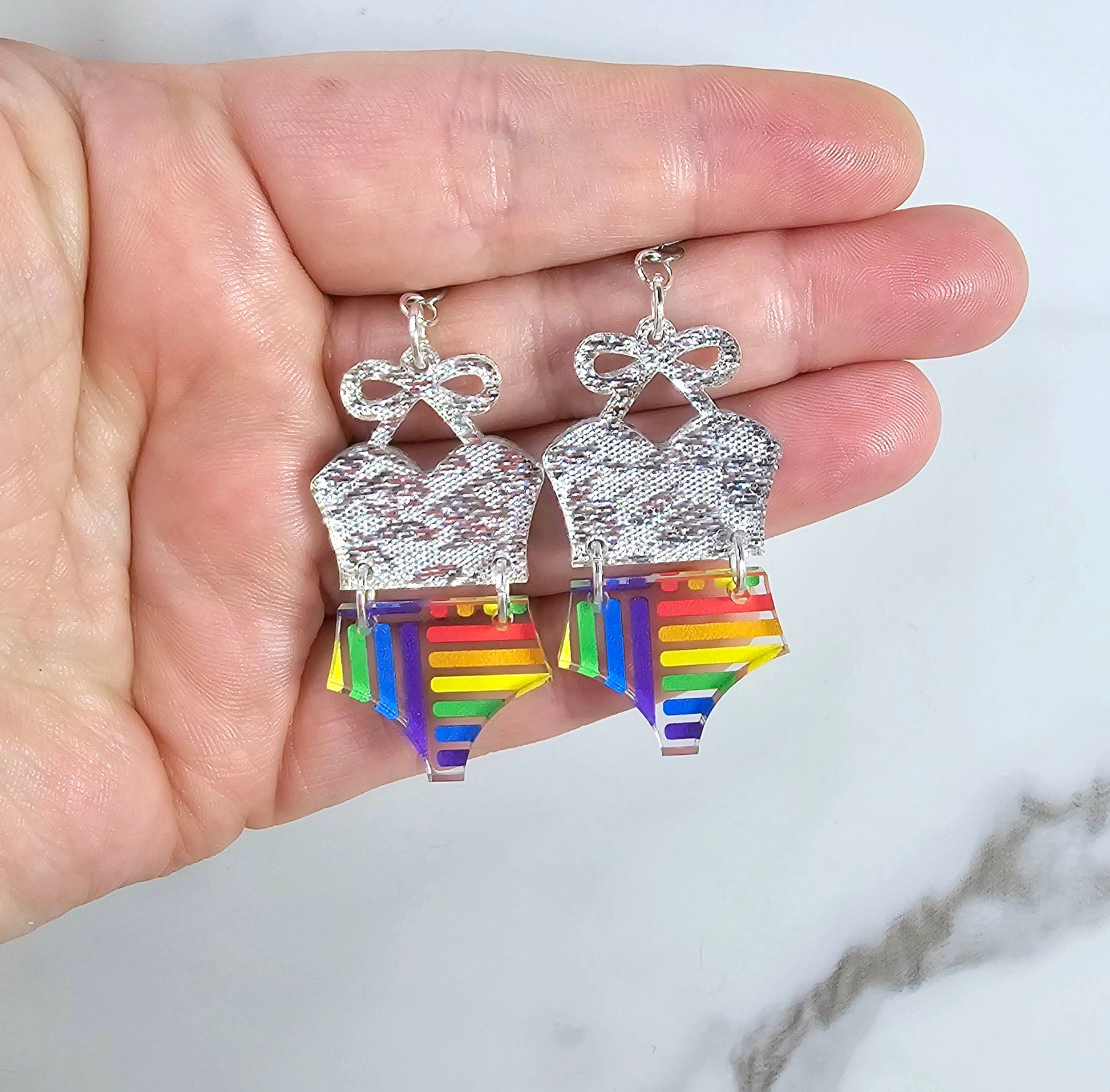 Rainbow Bathing Suit Earrings, Swimsuit Earrings, Beach Earrings, Summer Earrings, Vacation Earrings, Gift for her, Pride Earrings