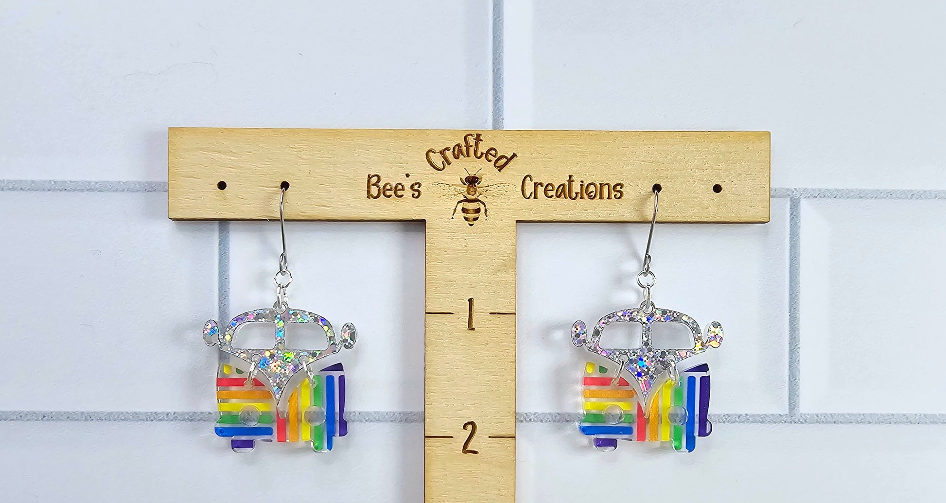 Rainbow Retro Van Earrings, Vintage Van Earrings, Groovy Earrings, Hippie Earrings, Rainbow Earrings, Gift for Her, Holo Earrings