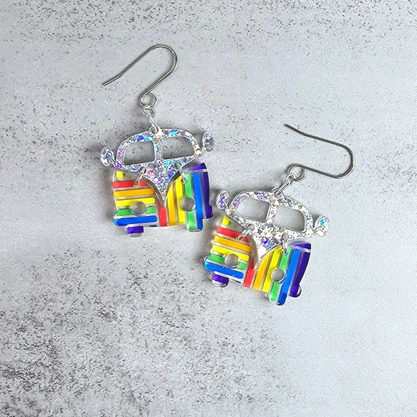 Rainbow Retro Van Earrings, Vintage Van Earrings, Groovy Earrings, Hippie Earrings, Rainbow Earrings, Gift for Her, Holo Earrings