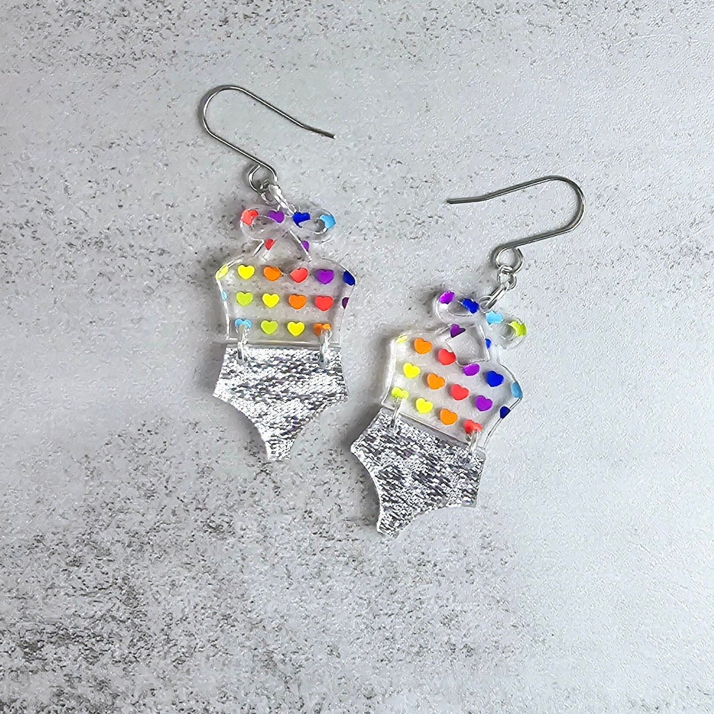 Rainbow Heart Bathing Suit Earrings, Swimsuit Earrings, Beach Earrings, Summer Earrings, Vacation Earrings, Gift for her, Pride Earrings