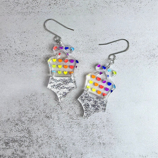 Rainbow Heart Bathing Suit Earrings, Swimsuit Earrings, Beach Earrings, Summer Earrings, Vacation Earrings, Gift for her, Pride Earrings