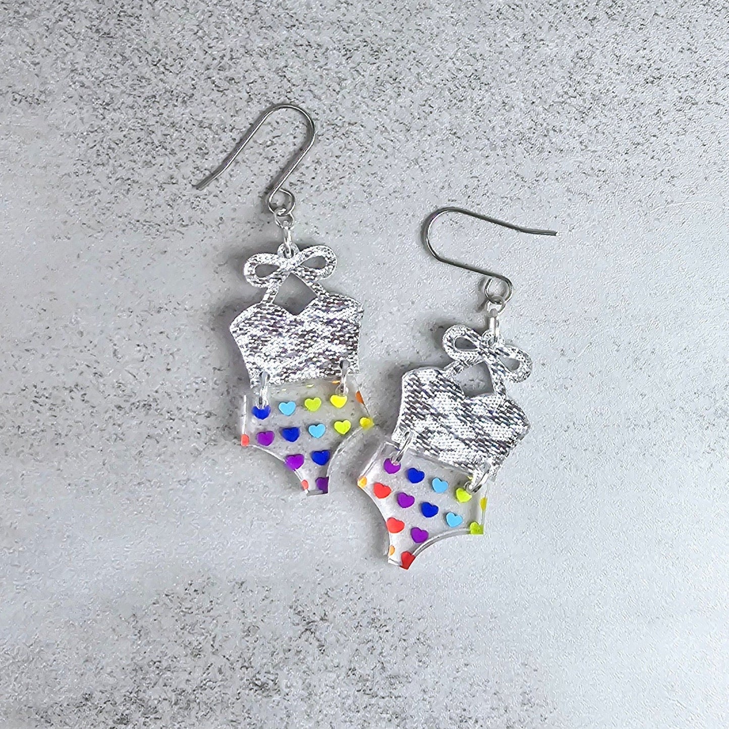 Rainbow Heart Bathing Suit Earrings, Swimsuit Earrings, Beach Earrings, Summer Earrings, Vacation Earrings, Gift for her, Pride Earrings