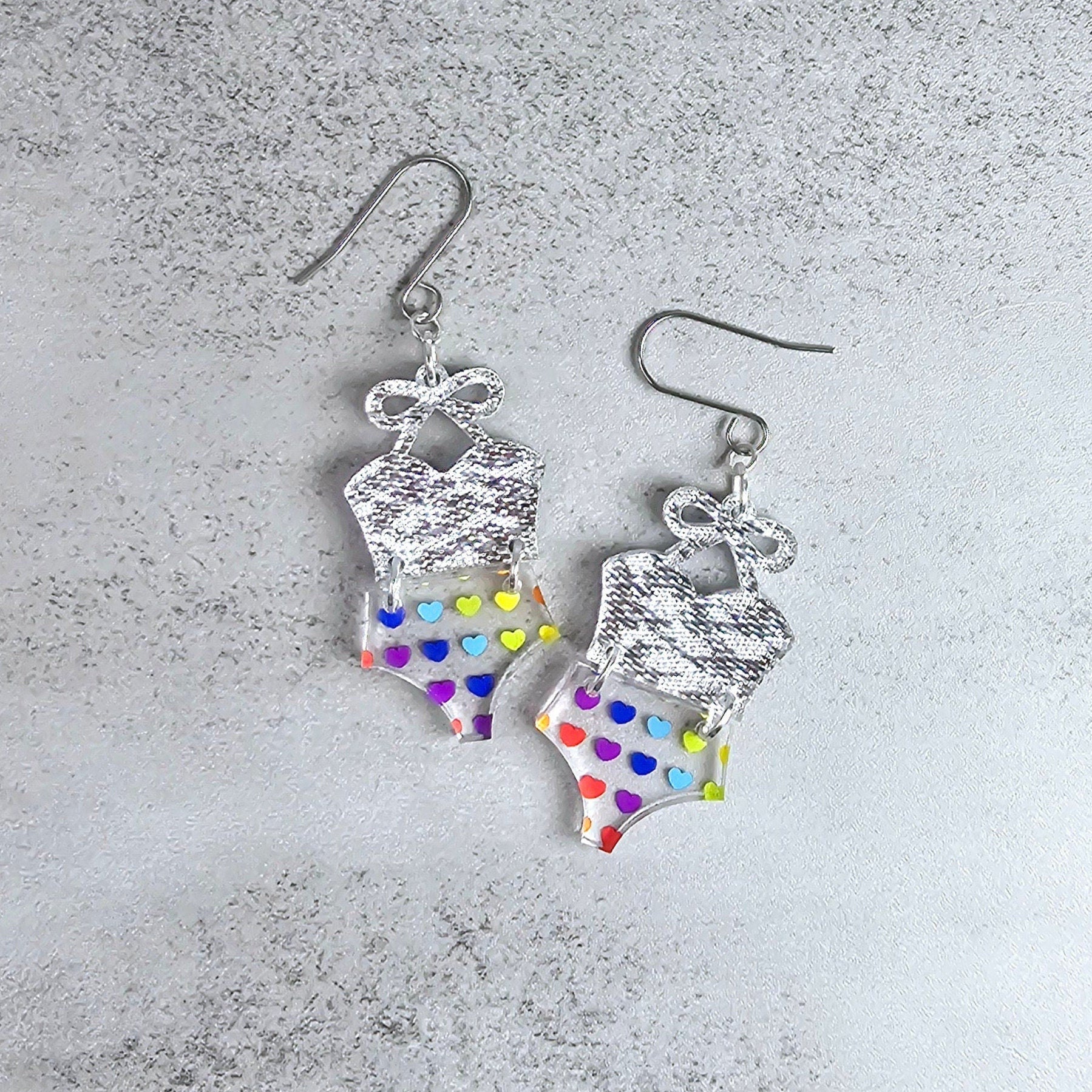 Rainbow Heart Bathing Suit Earrings, Swimsuit Earrings, Beach Earrings, Summer Earrings, Vacation Earrings, Gift for her, Pride Earrings