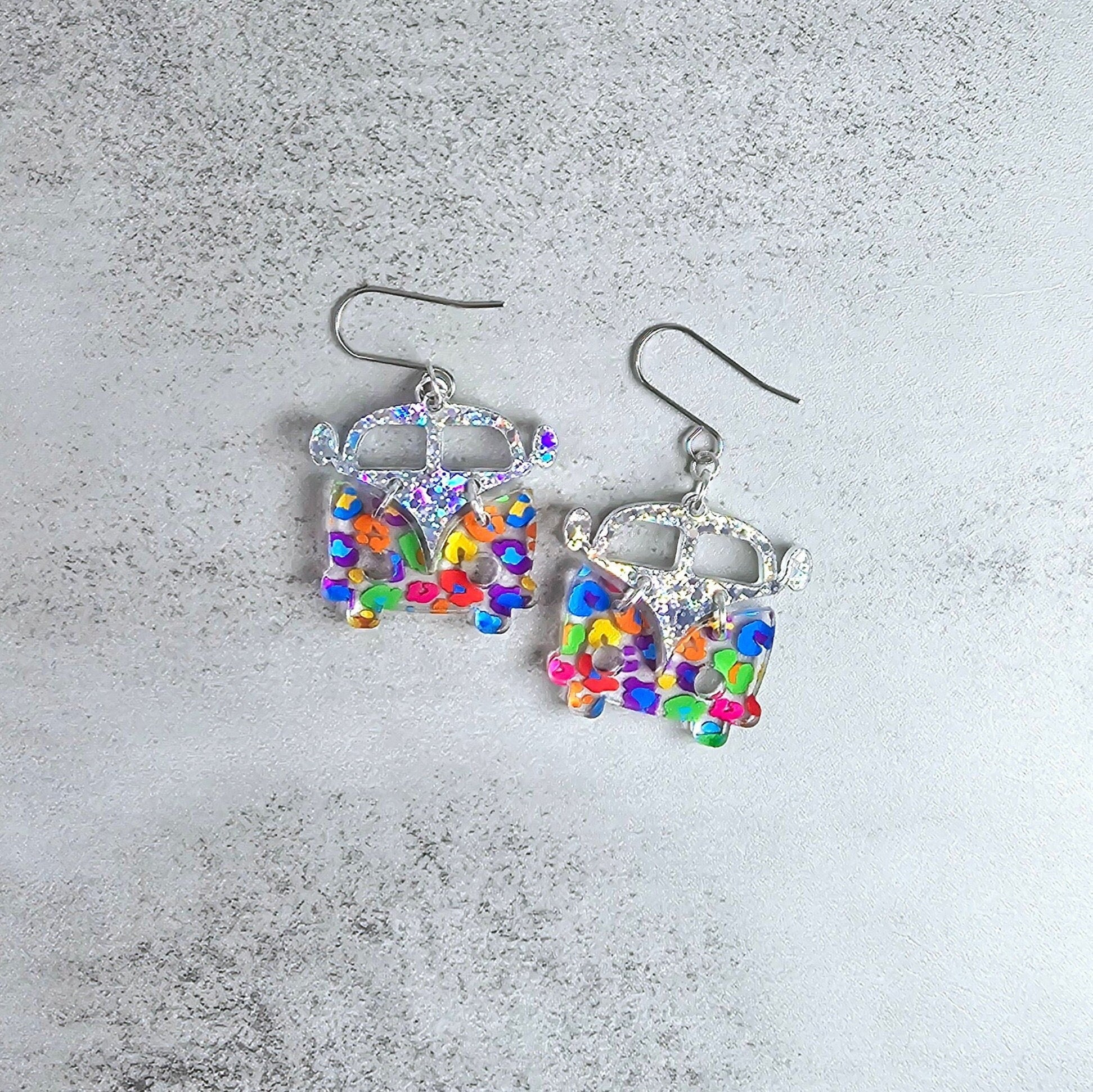 Leopard Retro Van Earrings, Vintage Van Earrings, Groovy Earrings, Hippie Earrings, Rainbow Earrings, Gift for Her, Holo Earrings