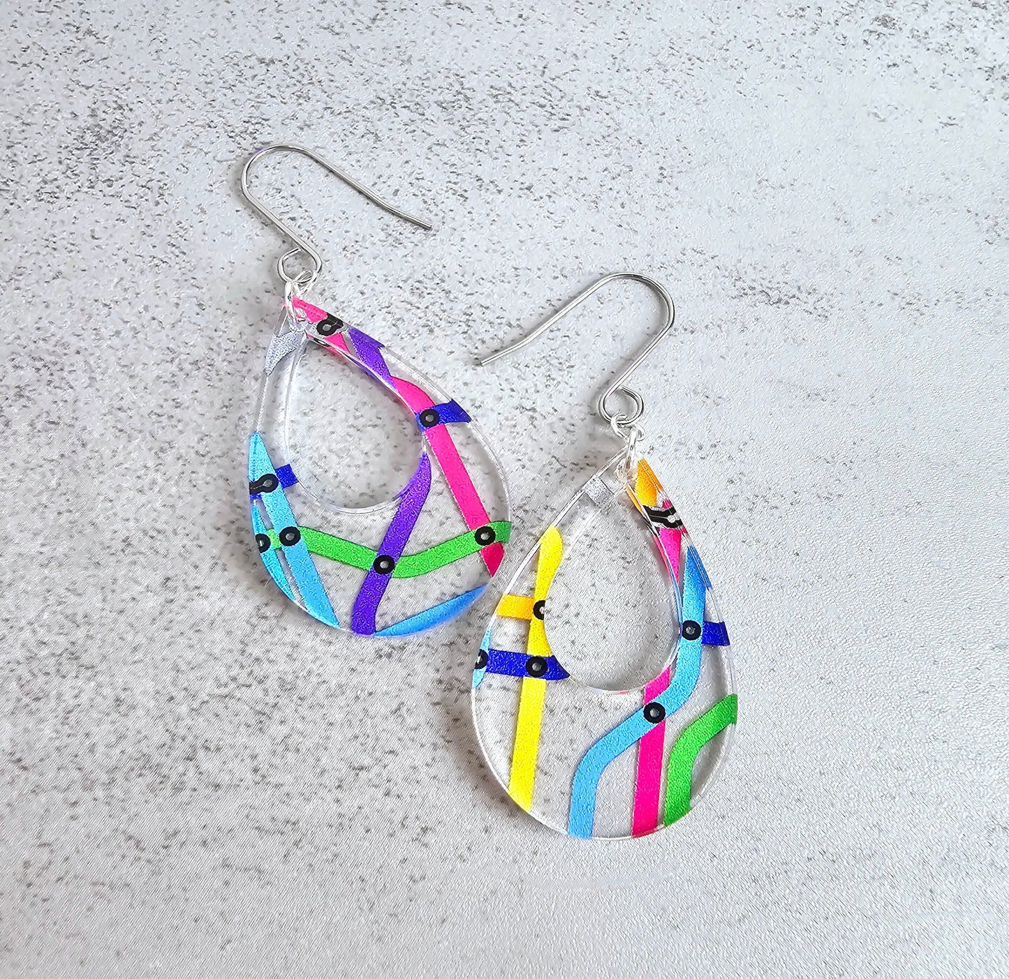 Colorful Subway Map Tear Drop Dangle Earrings, Rainbow Earrings, Gift for Her, Gift For Mom, Handmade Earrings, Unique Earrings