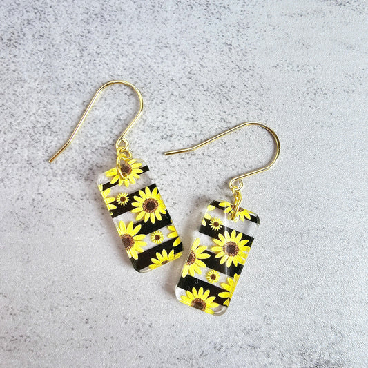 Rectangular Sunflower Dangle Earrings, Gift for Her, Summer Earrings, Gift for Mom, Boho Earrings, Spring Earrings, Floral Earrings