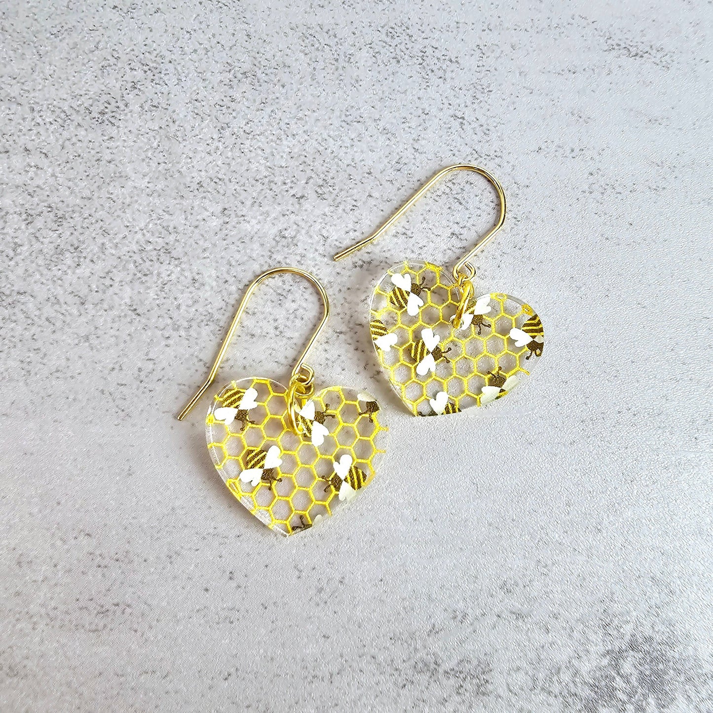 Heart Bee Pattern Dangle Earrings, Gold-Tone Statement Jewelry, Artisan Crafted Honeycomb Drop Earrings, Unique Beekeeper Gift