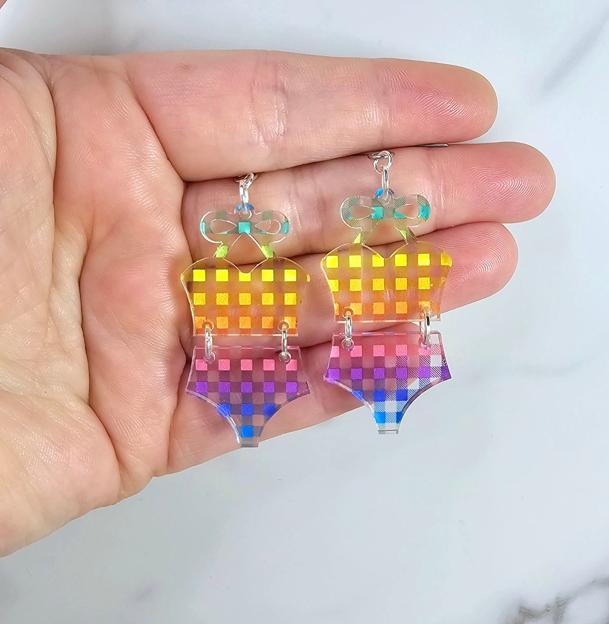 Rainbow Checkered Bathing Suit Earrings, Checkered Swimsuit Earrings, Beach Earrings, Vacation Earrings, Gift for Her, Pride Earrings