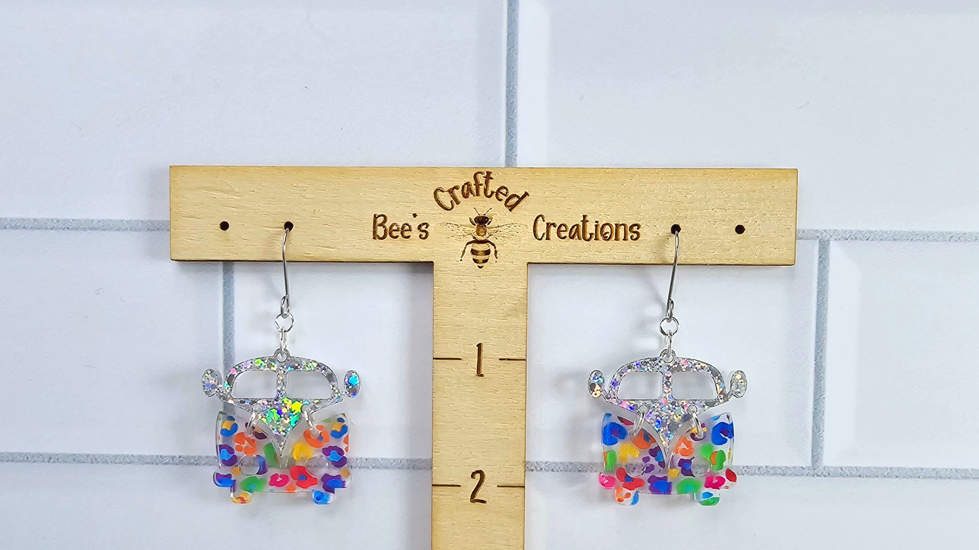 Leopard Retro Van Earrings, Vintage Van Earrings, Groovy Earrings, Hippie Earrings, Rainbow Earrings, Gift for Her, Holo Earrings