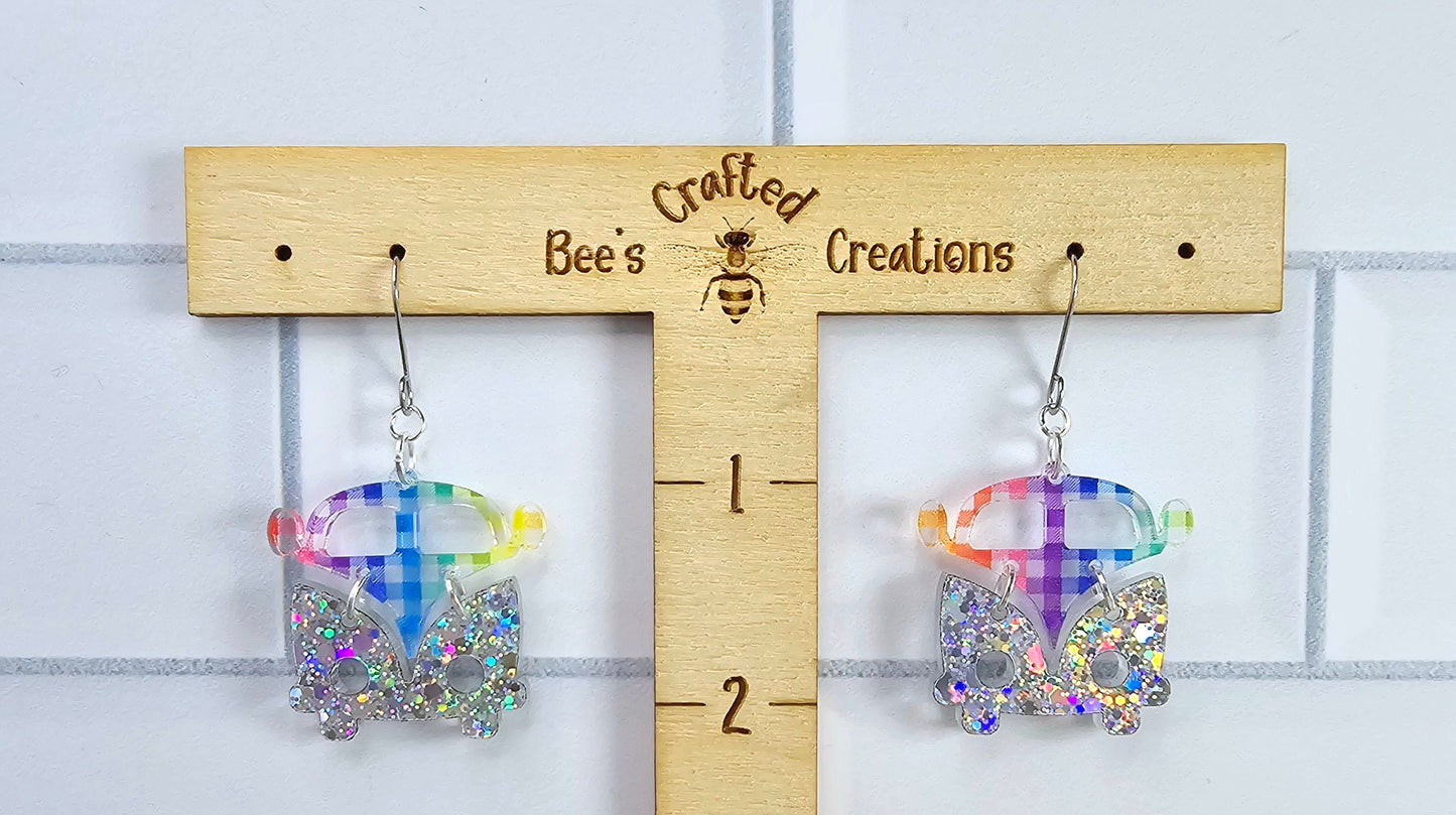 Checkered Retro Van Earrings, Vintage Van Earrings, Groovy Earrings, Hippie Earrings, Rainbow Earrings, Gift for Her, Holo Earrings