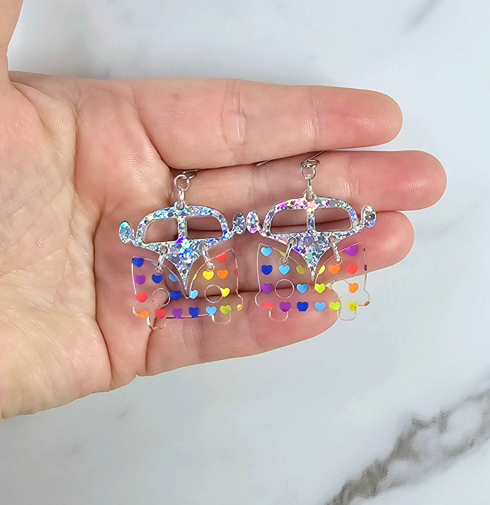 Rainbow Heart Retro Van Earrings, Vintage Van Earrings, Groovy Earrings, Hippie Earrings, Rainbow Earrings, Gift for Her, Holo Earrings