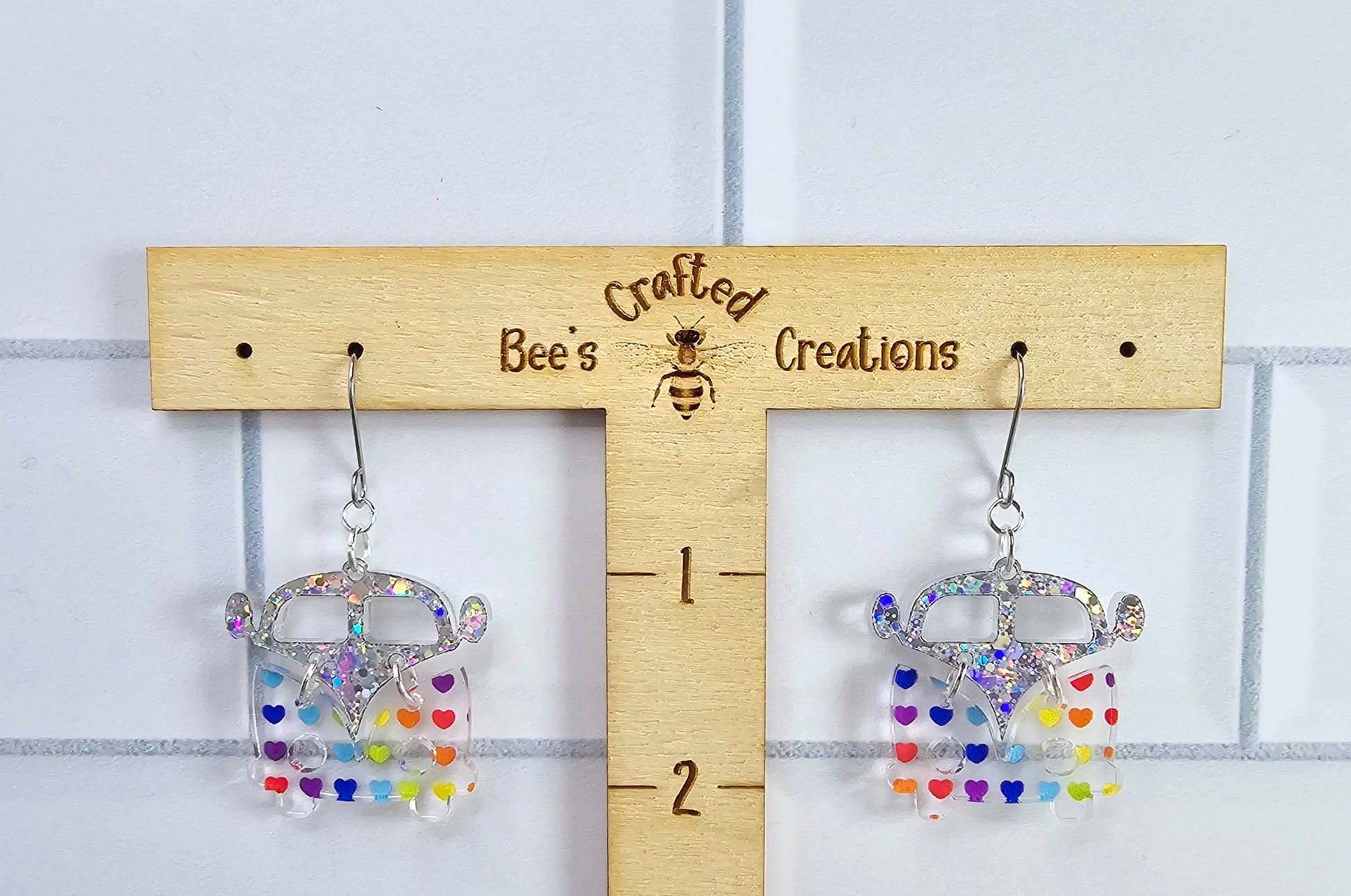 Rainbow Heart Retro Van Earrings, Vintage Van Earrings, Groovy Earrings, Hippie Earrings, Rainbow Earrings, Gift for Her, Holo Earrings