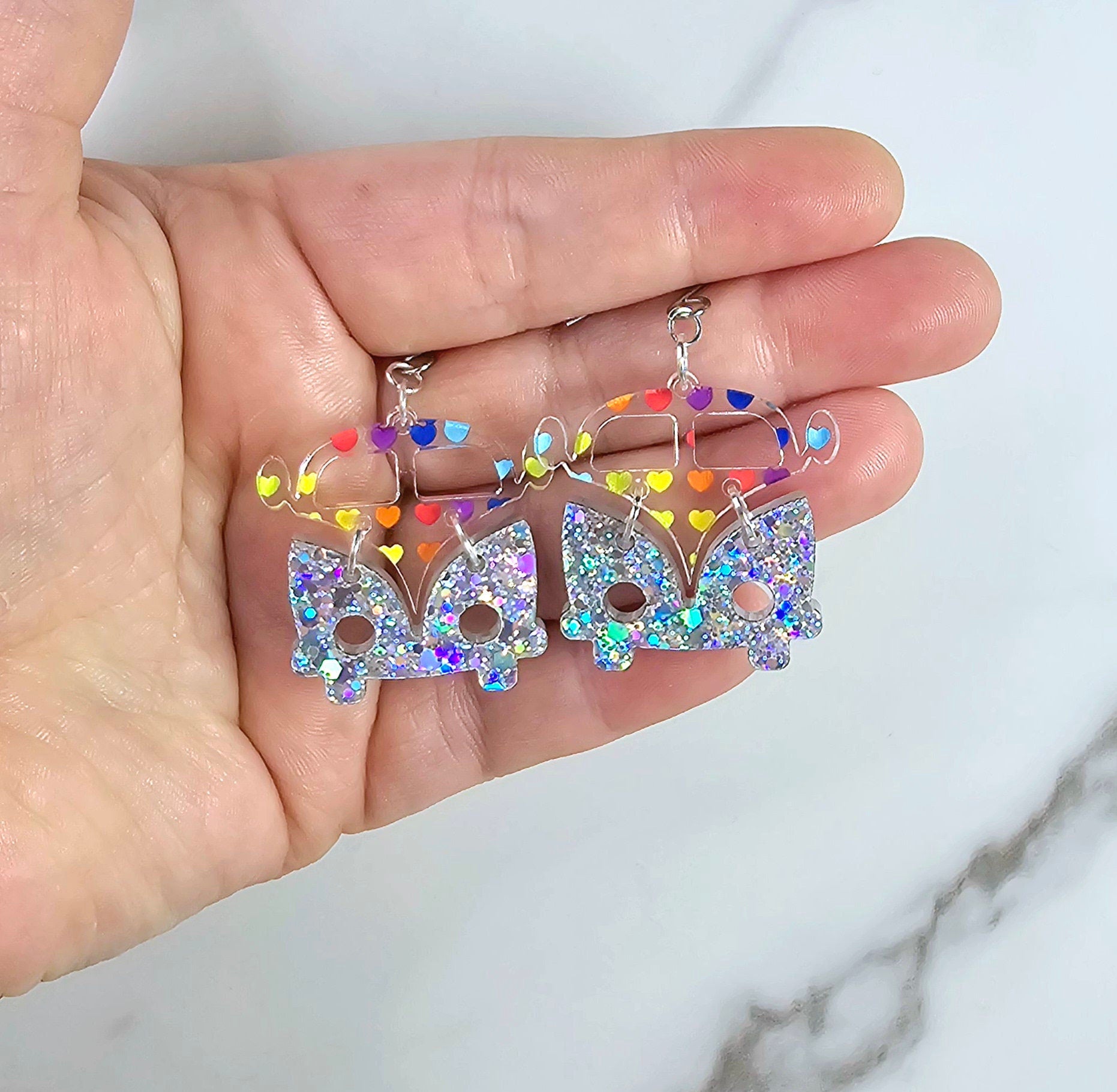 Rainbow Heart Retro Van Earrings, Vintage Van Earrings, Groovy Earrings, Hippie Earrings, Rainbow Earrings, Gift for Her, Holo Earrings