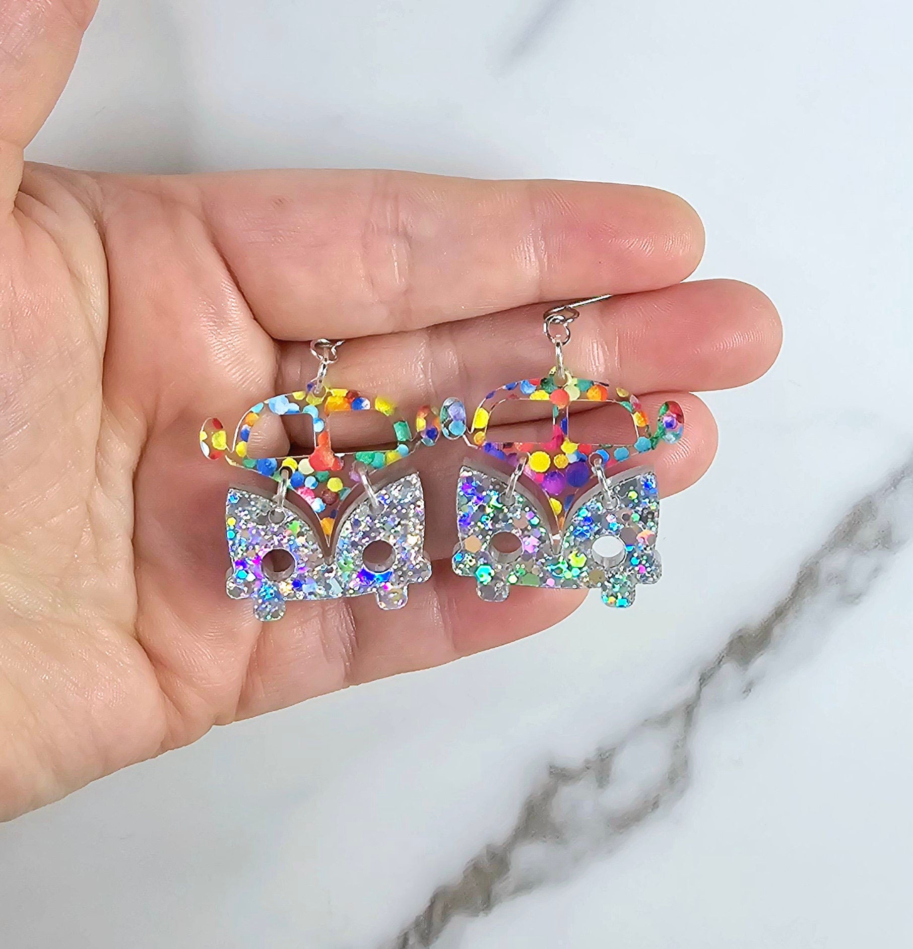 Polka Dot Retro Van Earrings, Vintage Van Earrings, Groovy Earrings, Hippie Earrings, Rainbow Earrings, Gift for Her, Holo Earrings