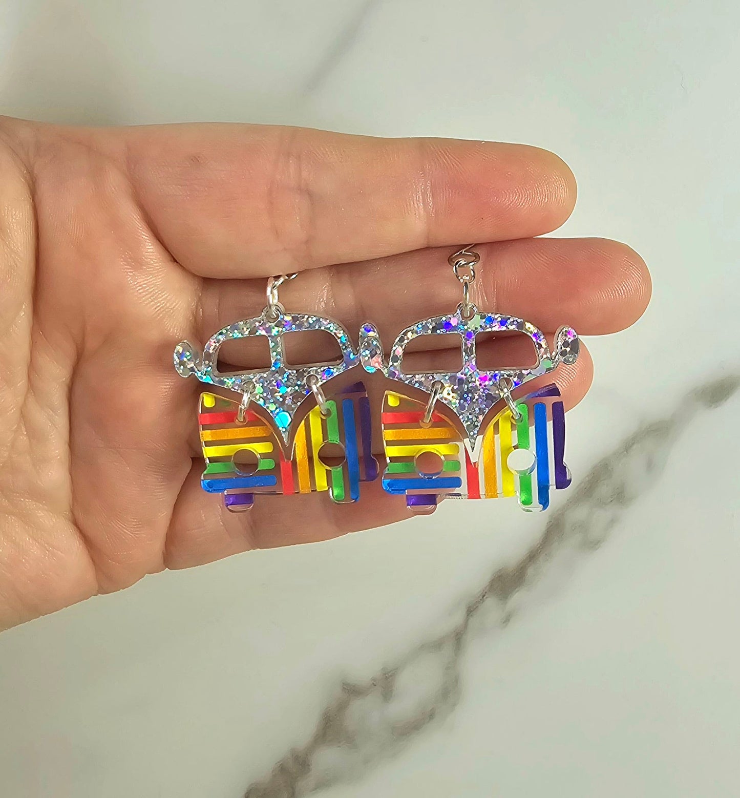 Rainbow Retro Van Earrings, Vintage Van Earrings, Groovy Earrings, Hippie Earrings, Rainbow Earrings, Gift for Her, Holo Earrings