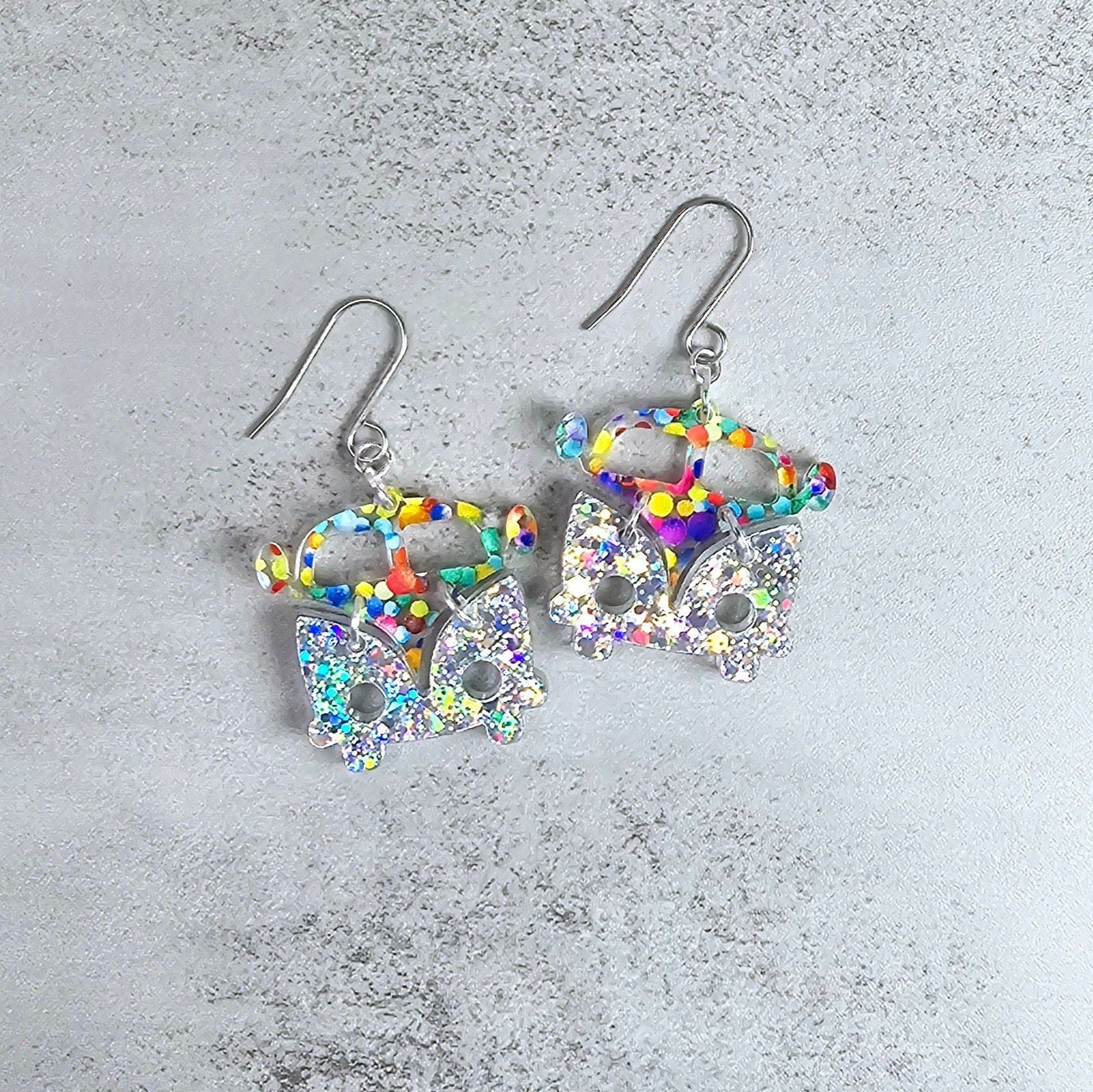 Polka Dot Retro Van Earrings, Vintage Van Earrings, Groovy Earrings, Hippie Earrings, Rainbow Earrings, Gift for Her, Holo Earrings