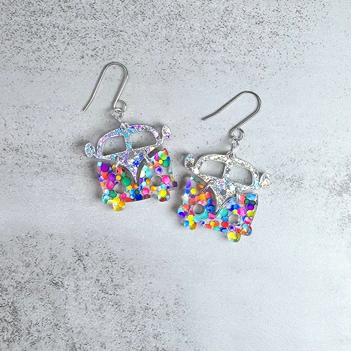 Polka Dot Retro Van Earrings, Vintage Van Earrings, Groovy Earrings, Hippie Earrings, Rainbow Earrings, Gift for Her, Holo Earrings