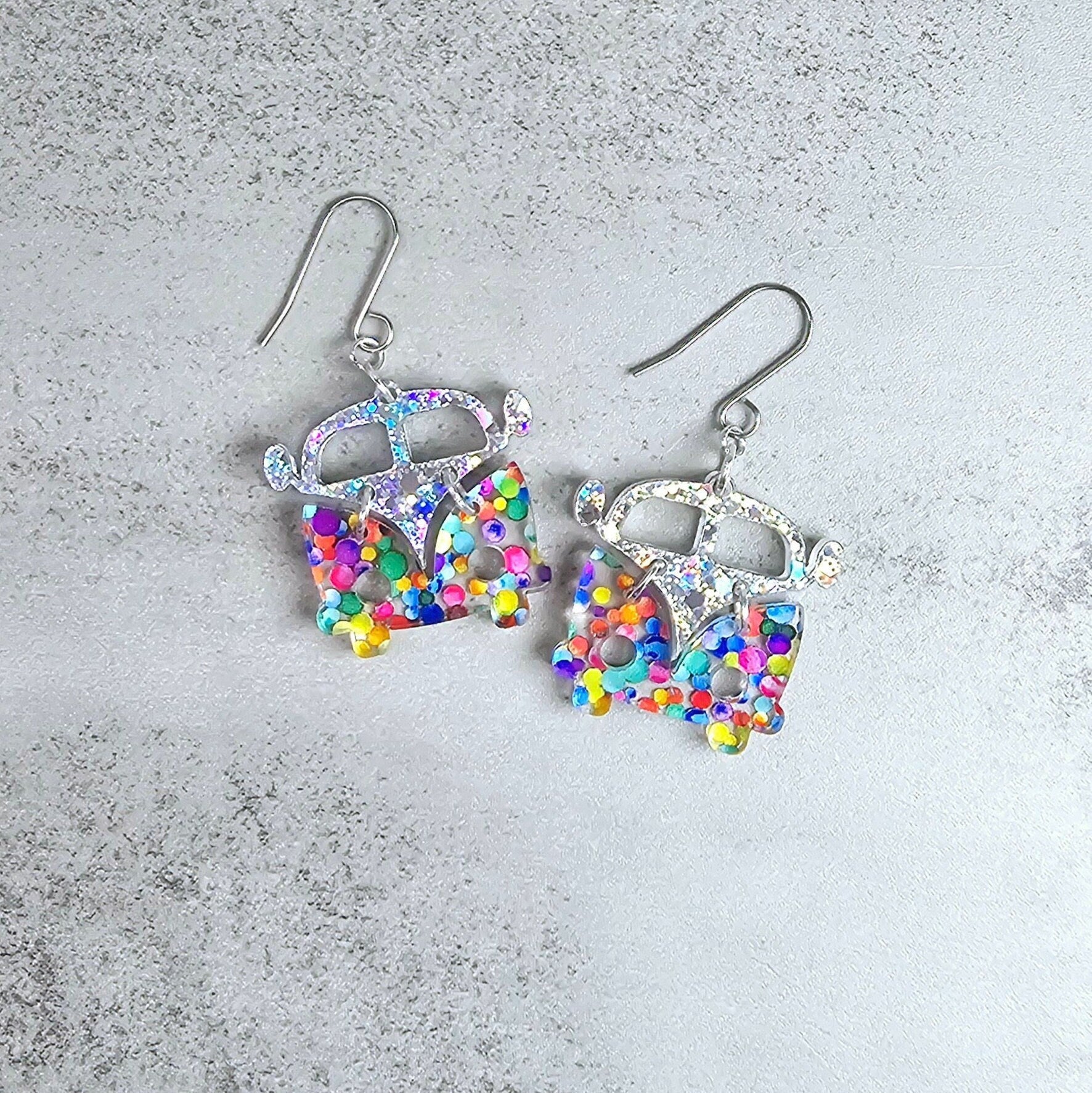 Polka Dot Retro Van Earrings, Vintage Van Earrings, Groovy Earrings, Hippie Earrings, Rainbow Earrings, Gift for Her, Holo Earrings