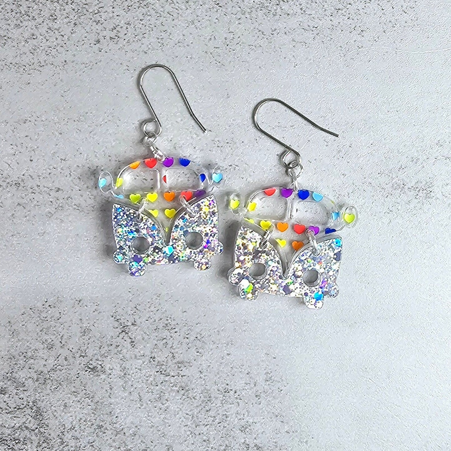 Rainbow Heart Retro Van Earrings, Vintage Van Earrings, Groovy Earrings, Hippie Earrings, Rainbow Earrings, Gift for Her, Holo Earrings