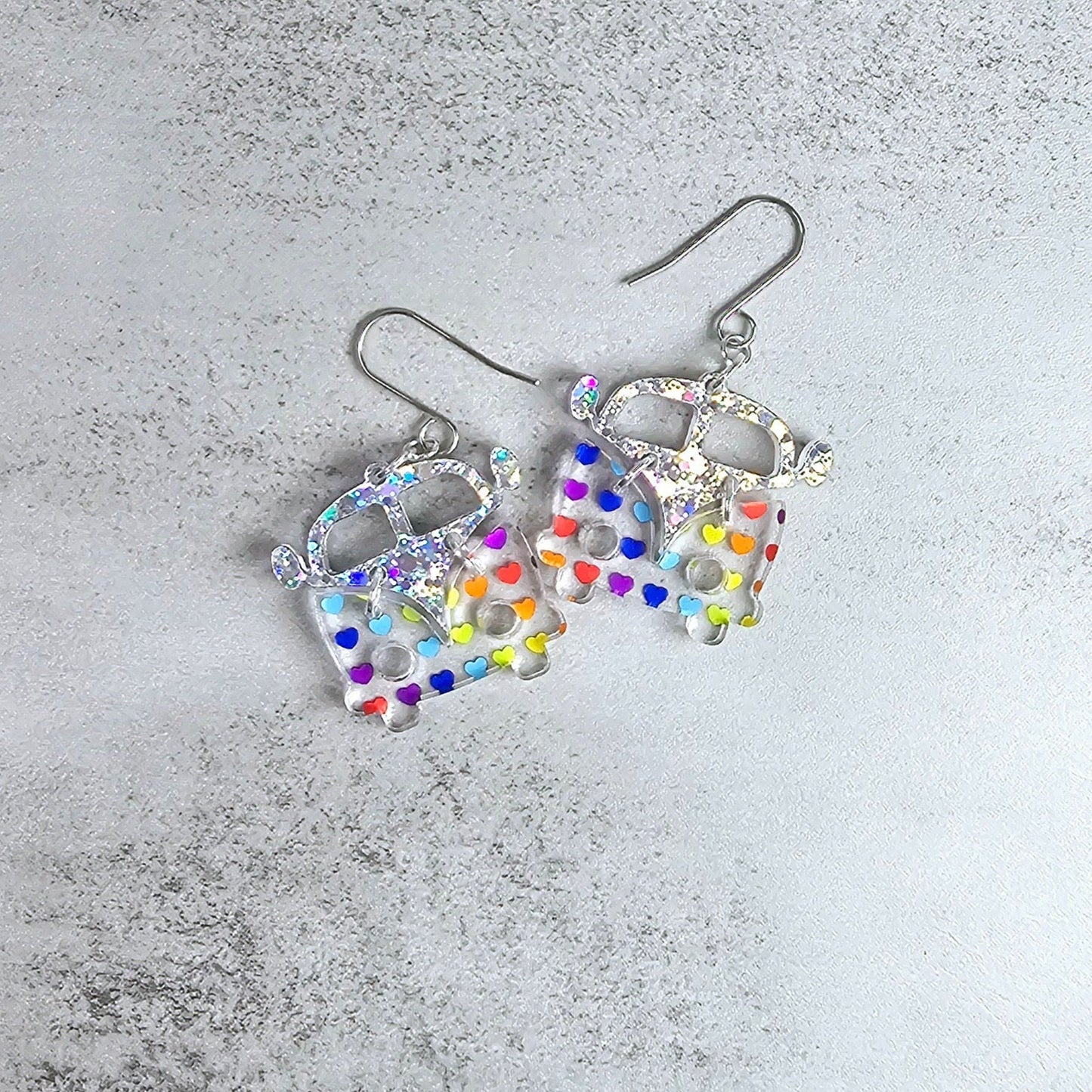 Rainbow Heart Retro Van Earrings, Vintage Van Earrings, Groovy Earrings, Hippie Earrings, Rainbow Earrings, Gift for Her, Holo Earrings