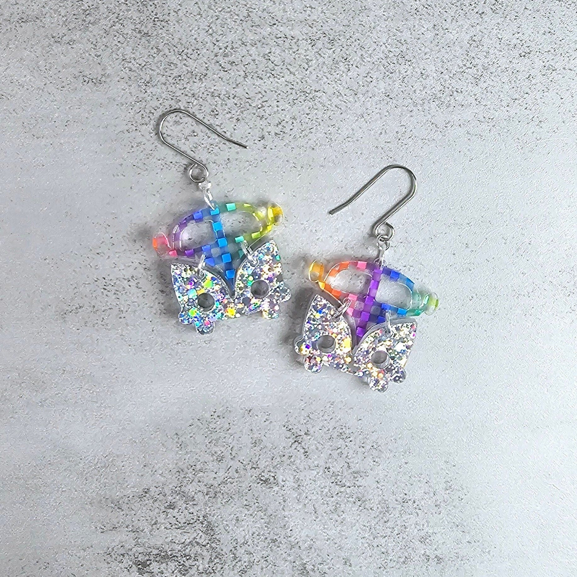 Checkered Retro Van Earrings, Vintage Van Earrings, Groovy Earrings, Hippie Earrings, Rainbow Earrings, Gift for Her, Holo Earrings