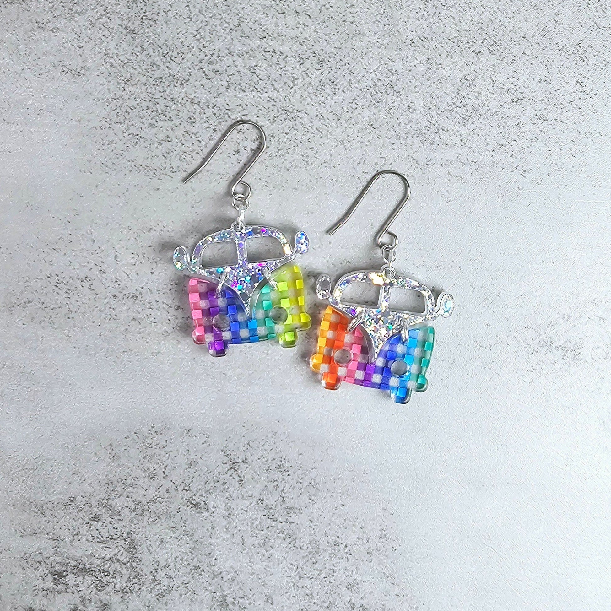 Checkered Retro Van Earrings, Vintage Van Earrings, Groovy Earrings, Hippie Earrings, Rainbow Earrings, Gift for Her, Holo Earrings