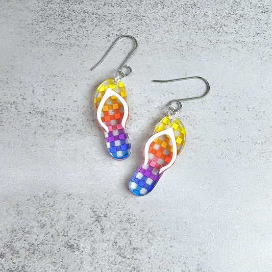 Rainbow Checkered Flip Flop Earrings, Summer Earrings, Vacation Earrings, Beach Earrings, Rainbow Earrings, Gift for Her, Pride Earrings