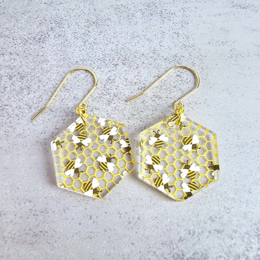 Hexagon Bee Pattern Dangle Earrings, Gold-Tone Statement Jewelry, Artisan Crafted Honeycomb Drop Earrings, Unique Beekeeper Gift