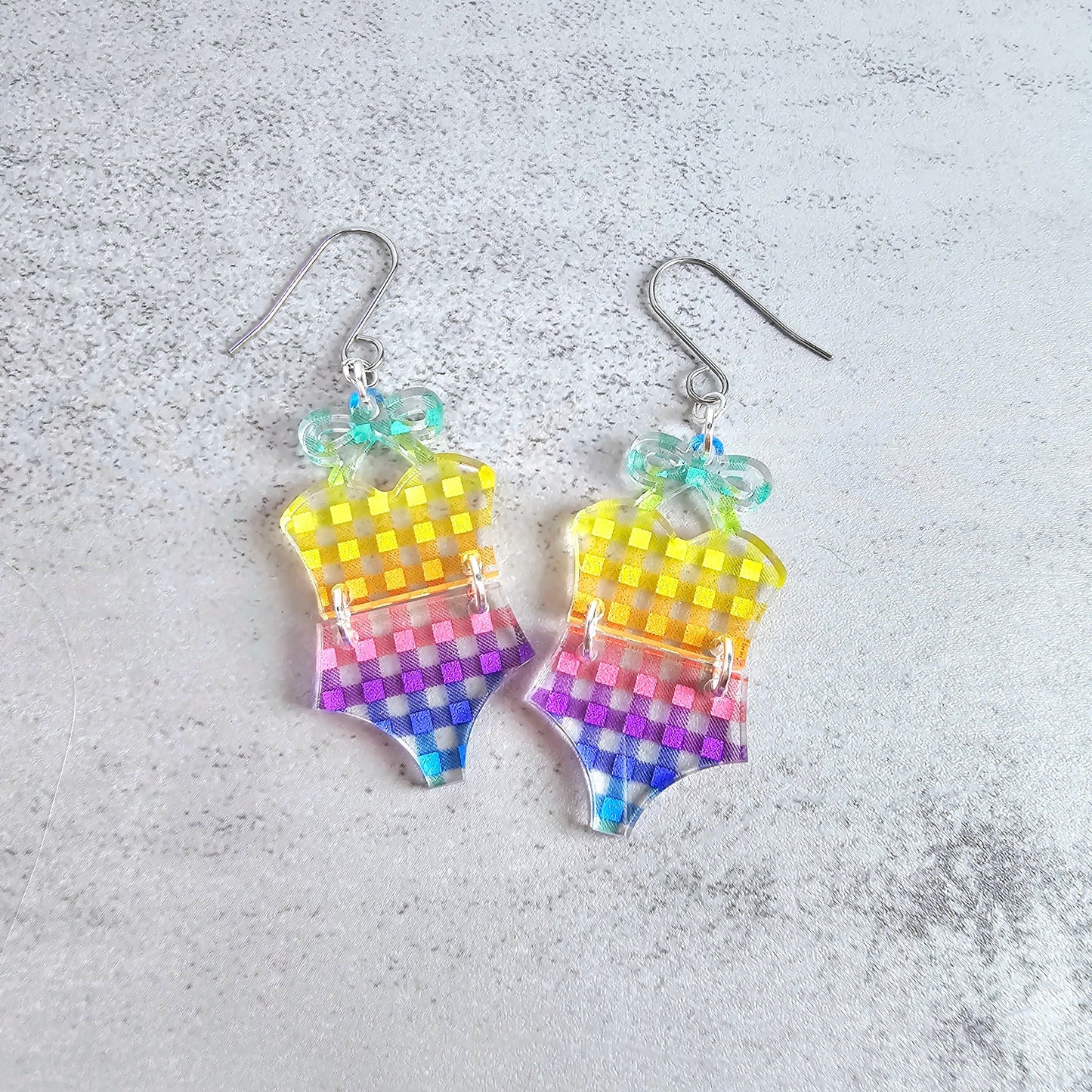 Rainbow Checkered Bathing Suit Earrings, Checkered Swimsuit Earrings, Beach Earrings, Vacation Earrings, Gift for Her, Pride Earrings